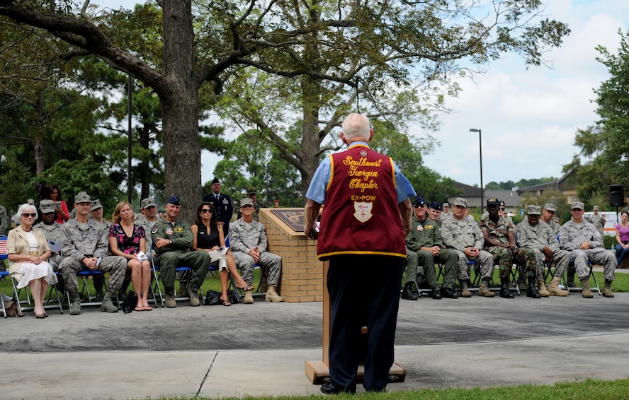 MOODY AIR FORCE BASE, Ga. -- Retired 1st Lt. James Lee, guest speaker at the Prisoner of War/Missing in Action Remembrance Day ceremony, speaks to the audience during the event here Sept. 18. Lieutenant Lee was held captive for eight months at Camp Staleg Luft One in Barth, Germany during World War II. (U.S. Air Force photo by Senior Airman Gina Chiaverotti-Paige)