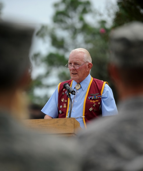 MOODY AIR FORCE BASE, Ga. -- Retired 1st Lt. James Lee speaks to the audience during the Prisoner of War/Missing in Action Remembrance Day ceremony here Sept. 18. Lieutenant Lee was held captive for eight months at Camp Staleg Luft One in Barth, Germany during World War II. (U.S. Air Force photo by Senior Airman Gina Chiaverotti-Paige)