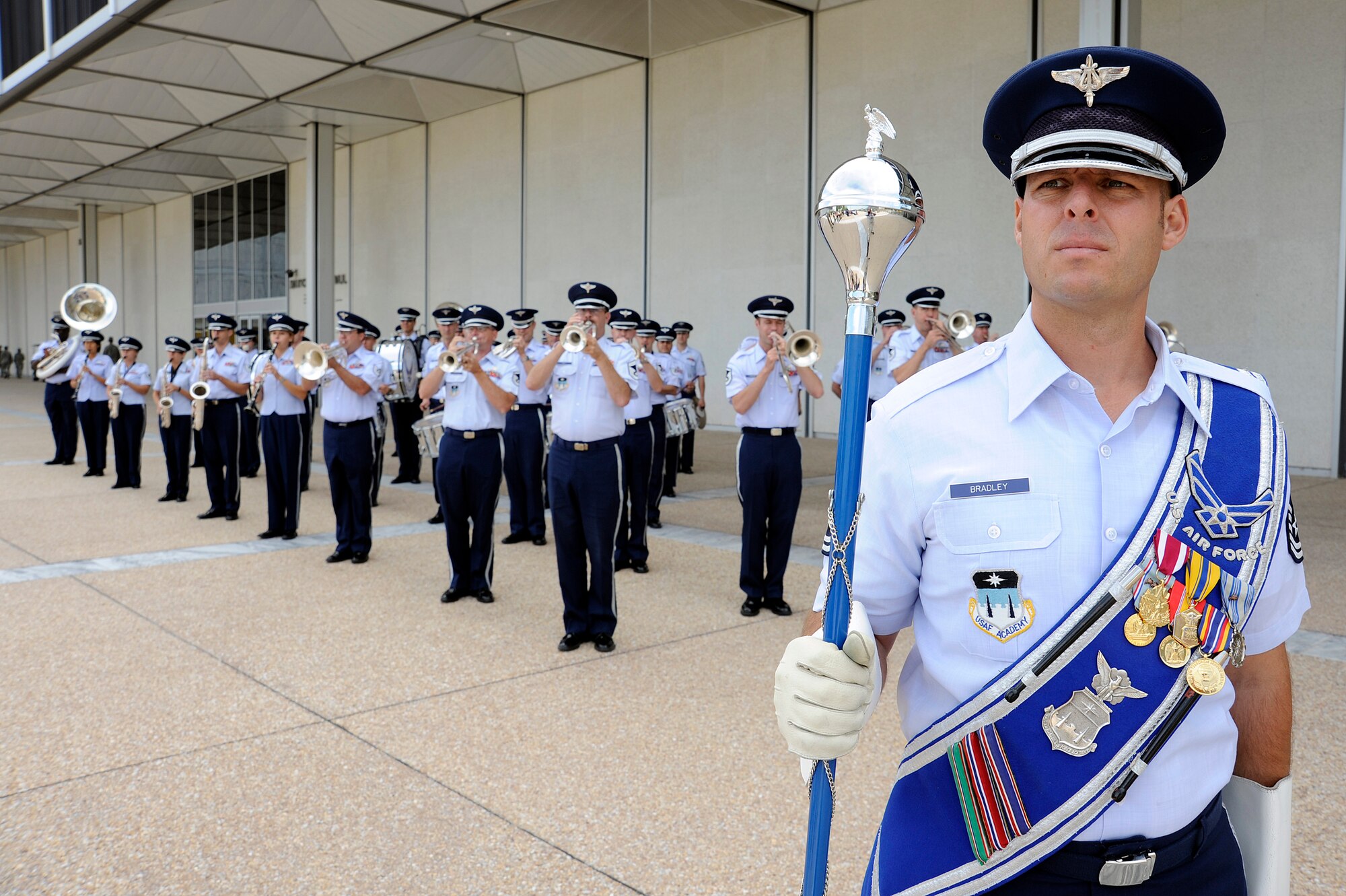 Master Sgt. Karl Bradley leads the Air Force Academy Band during a parade in honor of the Air Force's 62nd birthday at the Academy in Colorado Springs, Colo., Sept. 18, 2009. (U.S Air Force photo/Mike Kaplan)