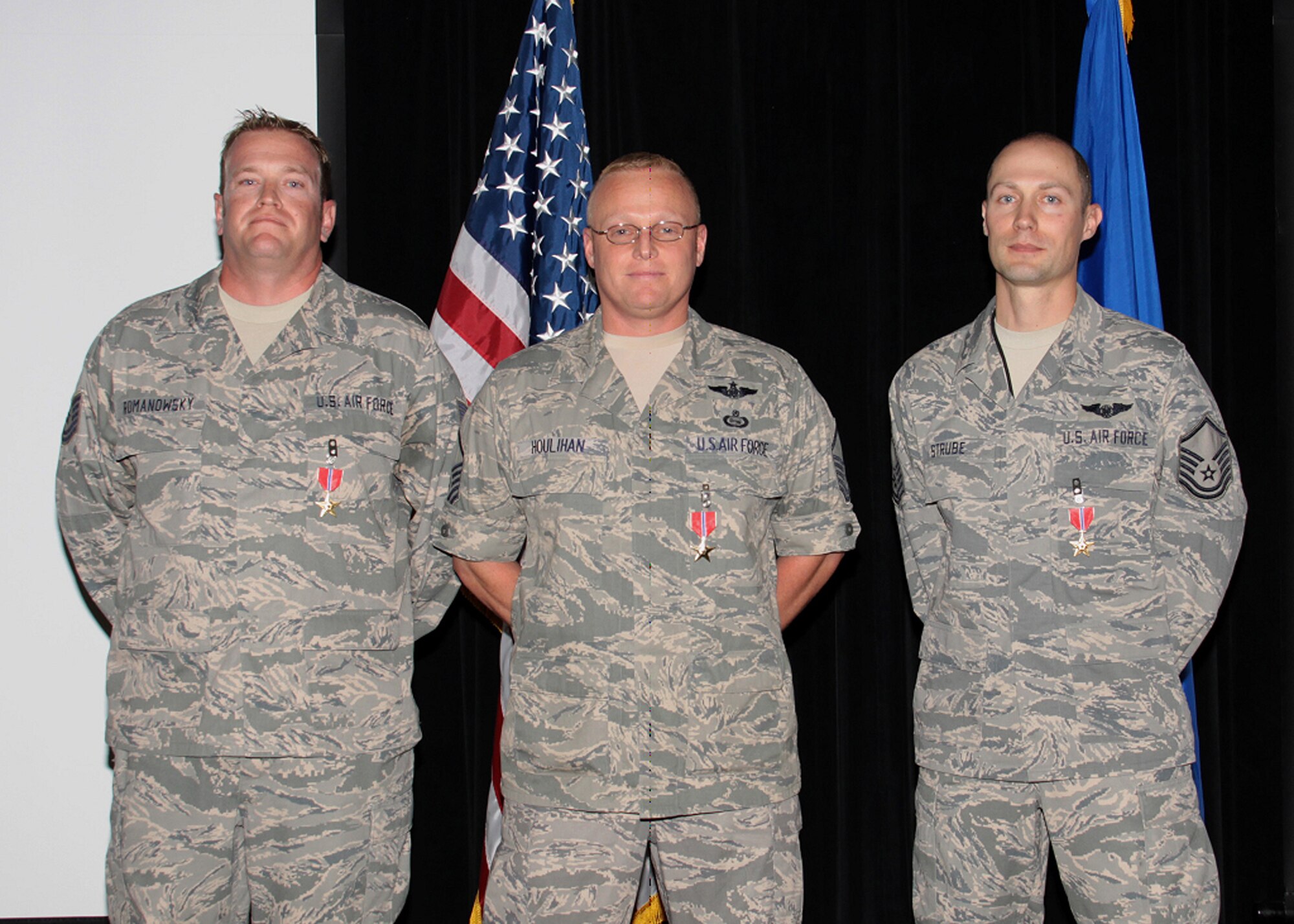 Tech. Sgt. David Romanowsky, Master Sgt. Joseph Houlihan and Master Sgt. Matthew Strube of the 566th Intelligence Squadron, each earned the Bronze Star Medal for their actions during recent deployments. Courtesy photo.  