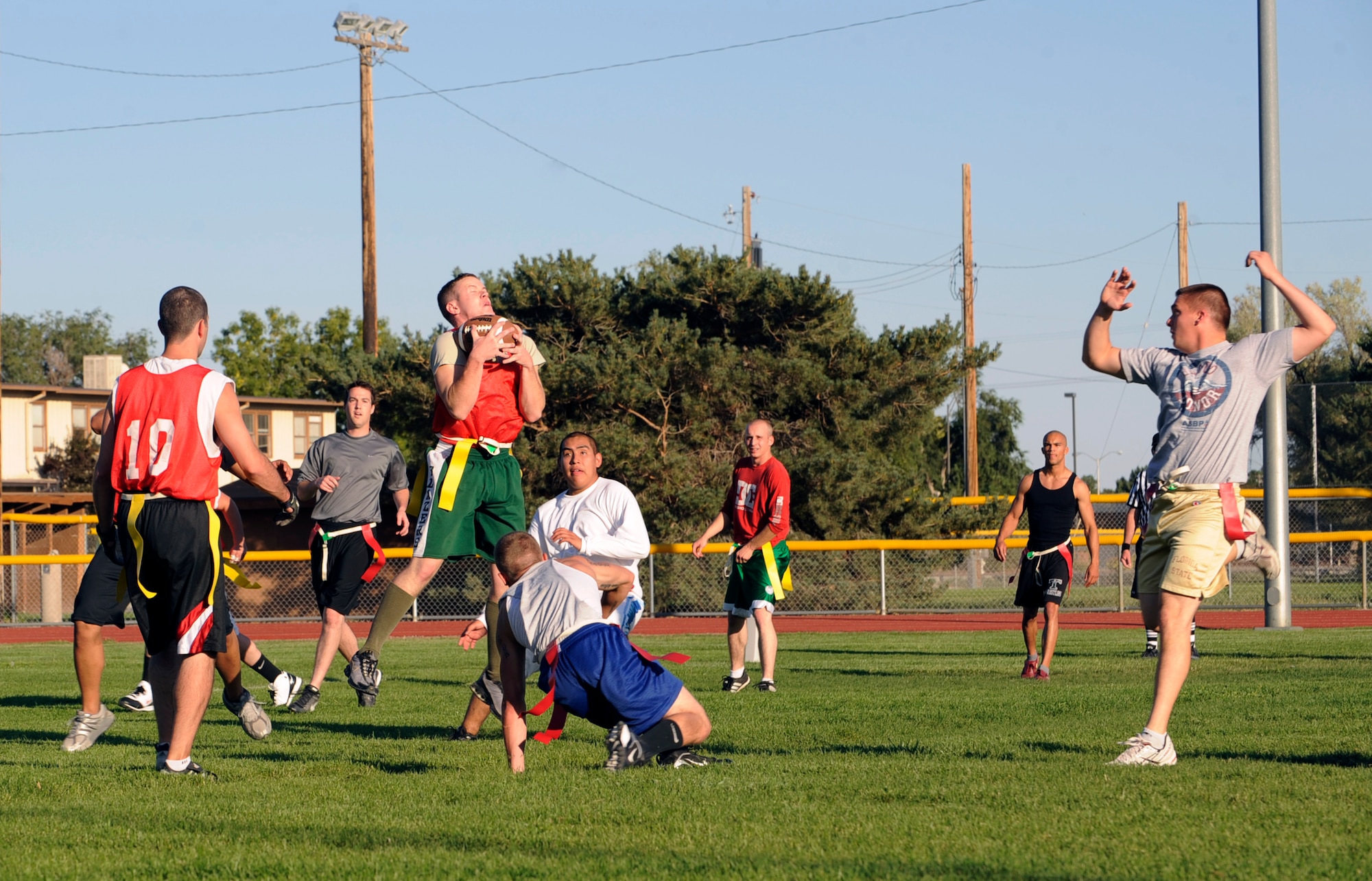MOUNTAIN HOME AIR FORCE BASE, Idaho-- Seth Pearce, 366th Medical Group wide receiver, makes a catch in the end zone to score against the 366th Operations Support Squadron Sept. 15 during an intramural flag football game. MDG dominated OSS with a 33-0 win. (U.S. Air Force photo by Airman 1st Class Renishia Richardson)