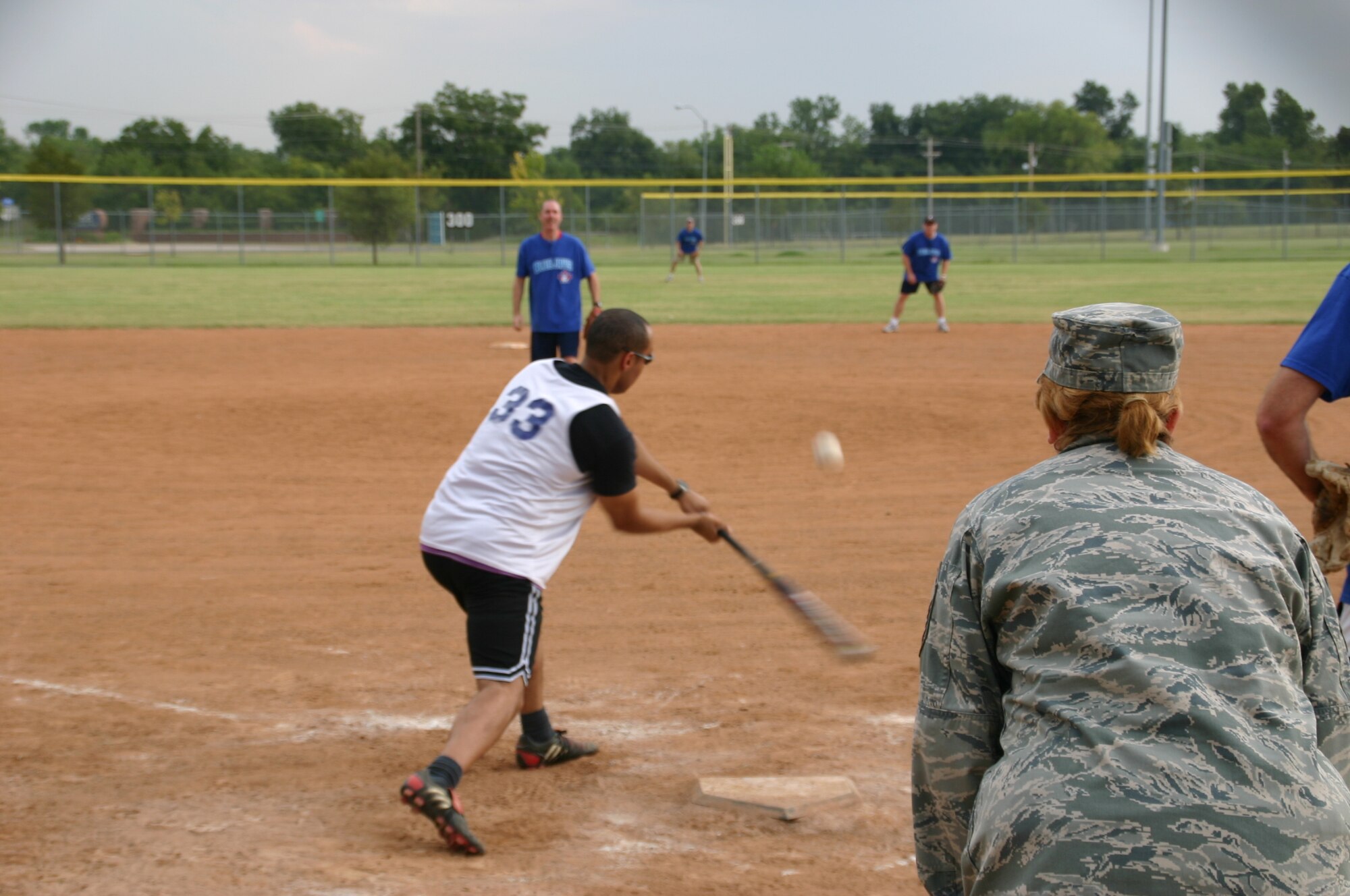 The Canadian and American components of the 552nd Air Control Wing played a friendly game of Softball 9 September in honor of the 30th anniversary of Canadian-American partnership. Despite the fierce competition, the American team won, 27 to 8. Photo courtesy of Mr. Kenneth LaFayette.