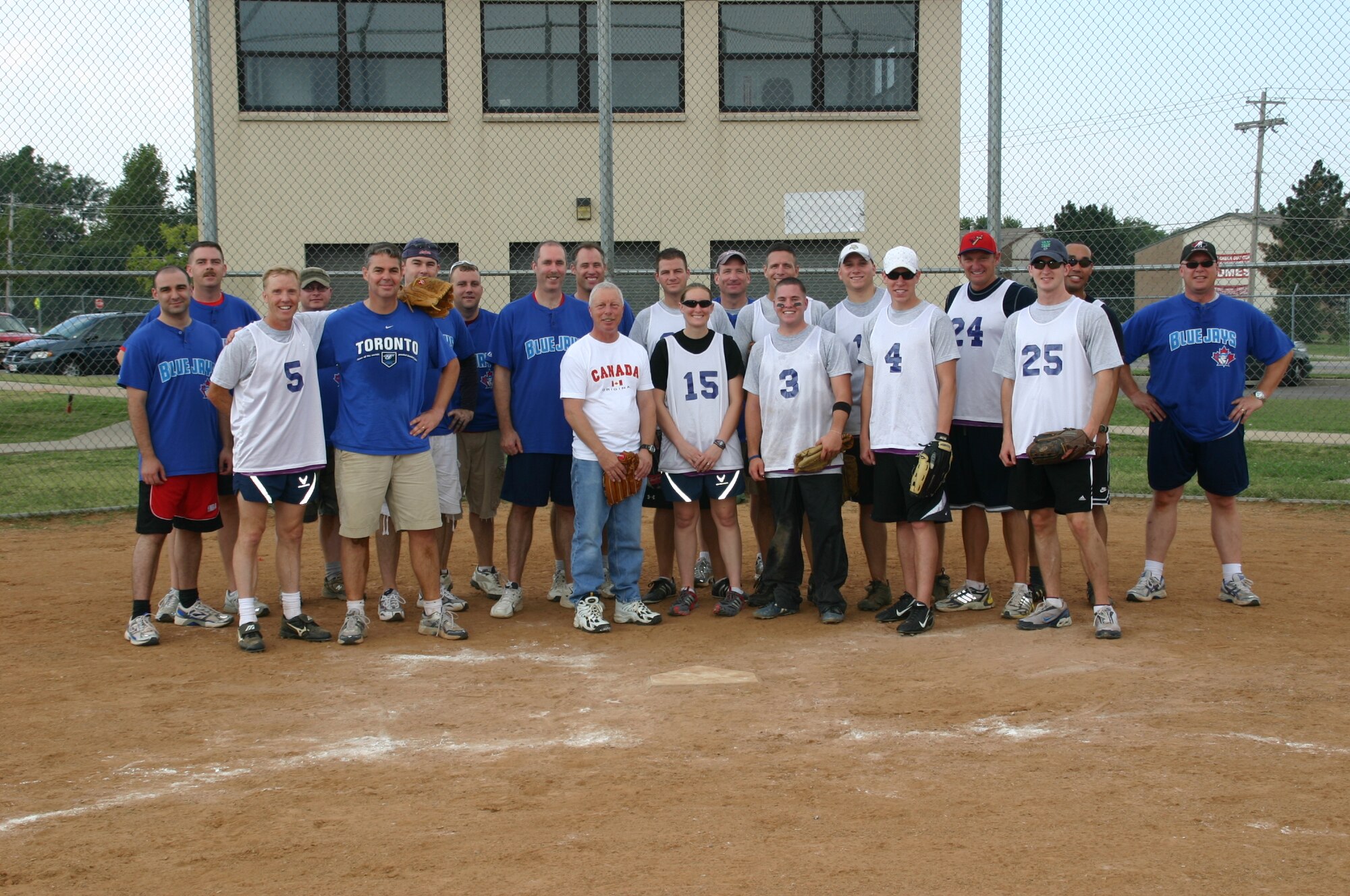 The Canadian and American components of the 552nd Air Control Wing played a friendly game of Softball 9 September in honor of the 30th anniversary of Canadian-American partnership. Despite the fierce competition, the American team won, 27 to 8. Photo courtesy of Mr. Kenneth LaFayette.
