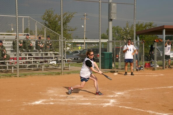 The Canadian and American components of the 552nd Air Control Wing played a friendly game of Softball 9 September in honor of the 30th anniversary of Canadian-American partnership. Despite the fierce competition, the American team won, 27 to 8. Photo courtesy of Mr. Kenneth LaFayette.