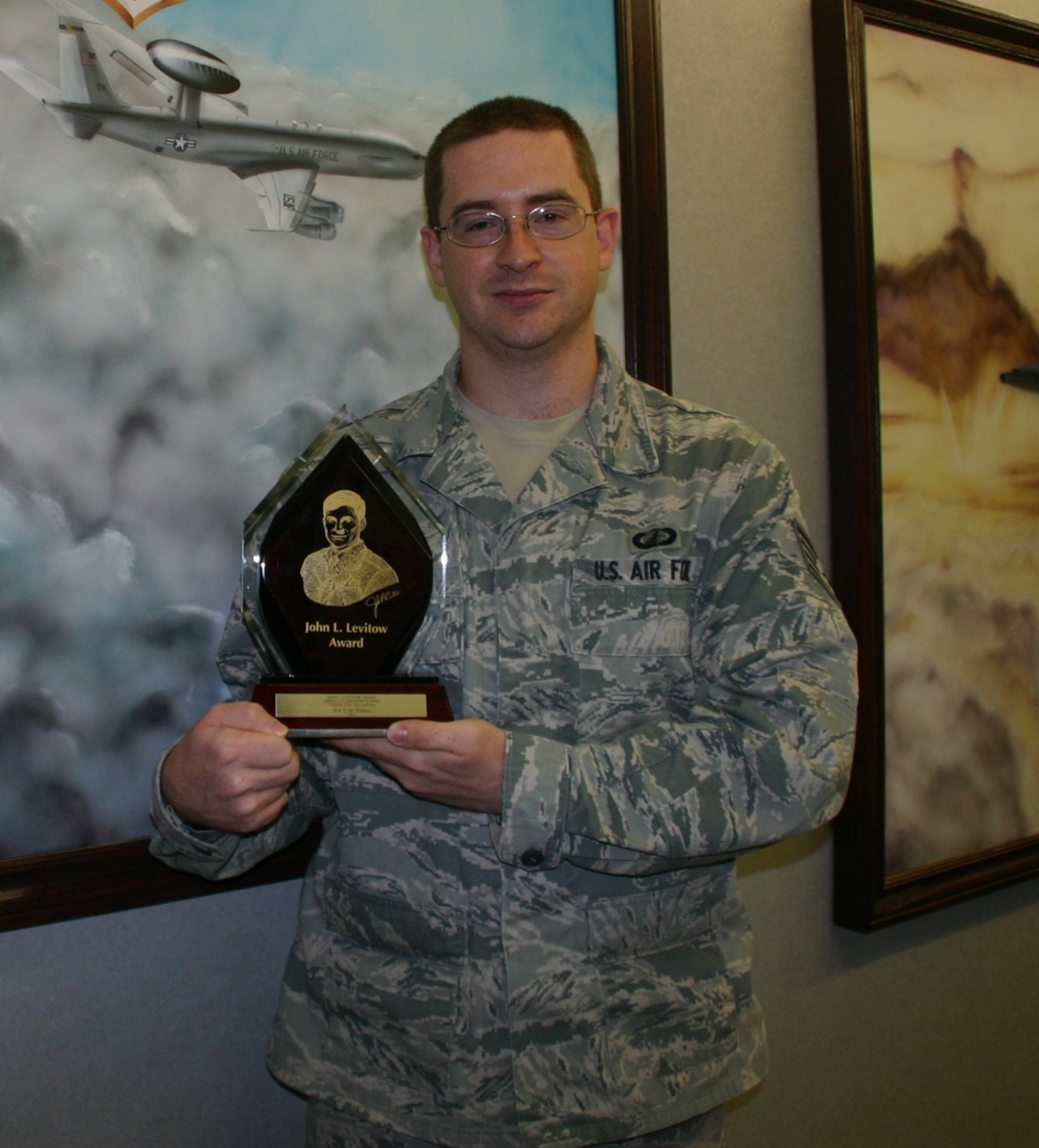 Staff Sgt. Tyler Wallace, budget analyst, 552nd Air Control Wing Finance, was chosen to receive the Levitow Award at the completion of his Airman Leadership School course. Photo courtesy of 1st Lt. Kinder Blacke.