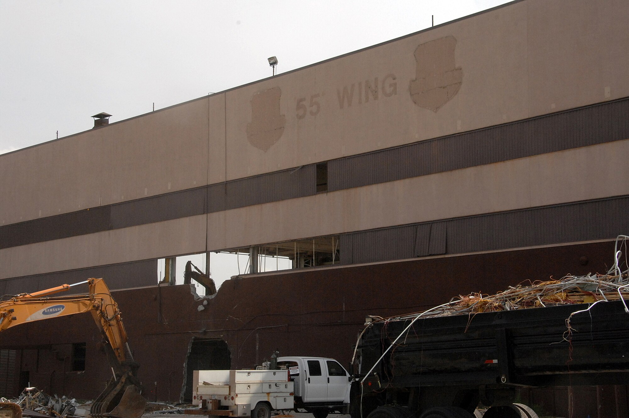 OFFUTT AIR FORCE BASE, Neb.-- The demolition of the Frady Fitness center Sept. 14 produced a wide variety of reusable material. The metal was processed for recycling, concrete was ground up, and other miscellaneous debris was disposed. U.S. Air Force photo by Kendra Williams.