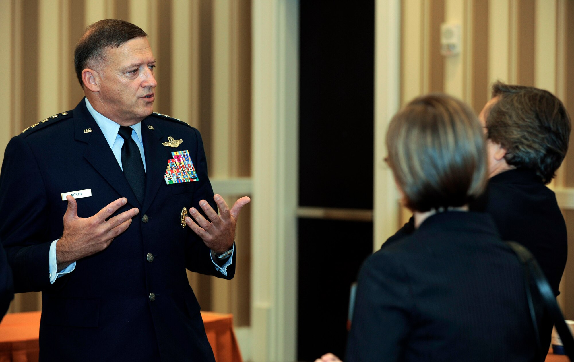 Gen. Gary North answers questions from the media during the 2009 Air Force Association Air & Space Conference and Technology Exposition Sept. 16, 2009 at the National Harbor in Oxon Hill, Md. General North is the Pacific Air Forces commander. (U.S. Air Force photo/Master Sgt. Stan Parker)