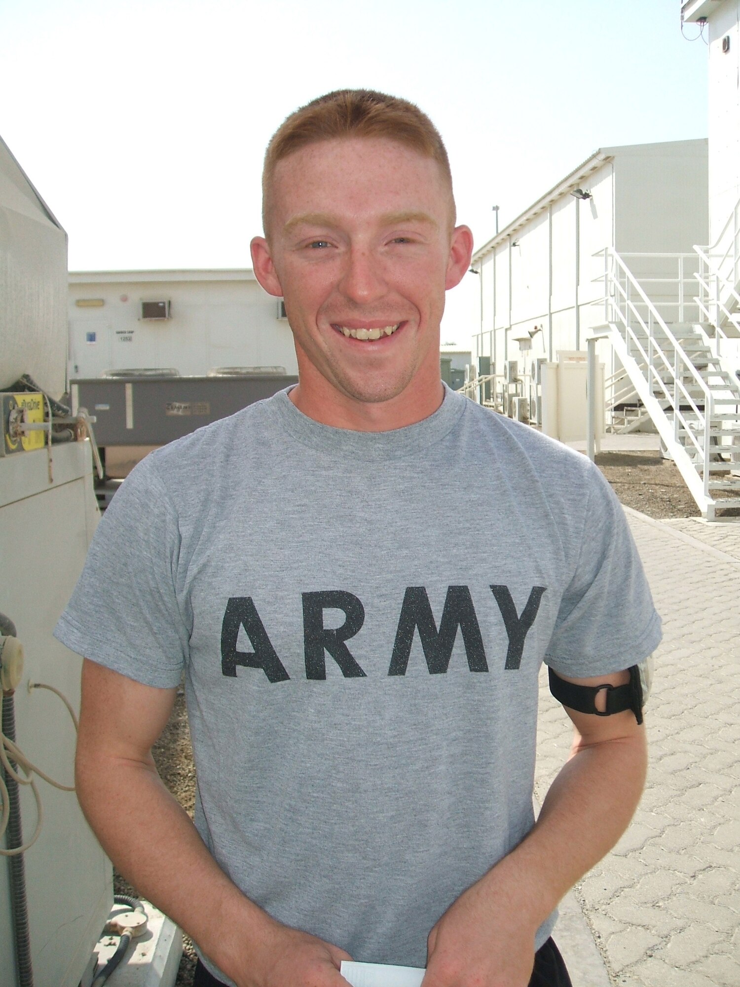 SOUTHWEST ASIA - Spc. Joseph Meece, U.S. Army, said of the U.S. Air Force, “They take care of us real well, and provide any support we need. Whether it’s checking on our air conditioners or our generators,” he said he is grateful for the existence of our forces. Specialist Meece is deployed from Fort Bliss, Texas. (U.S. Air Force photo/Second Lieutenant Kidron Vestal)