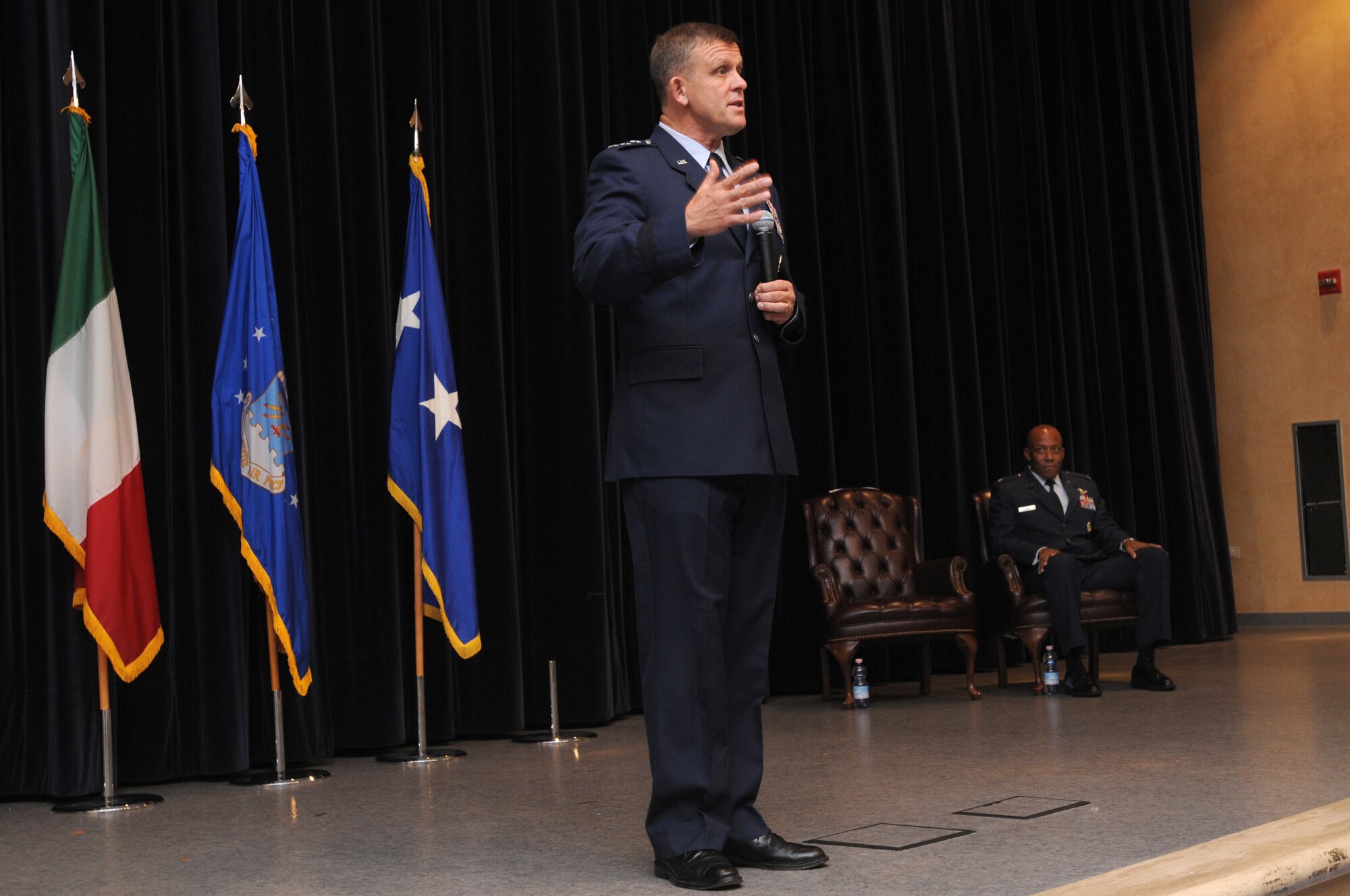 Lt. Gen. Frank Gorenc, 3rd Air Force commander, Ramstein Air Base, Germany addresses those who attended Col. Charles Q. Brown Jr., 31st Fighter Wing commander’s promotion ceremony Sept. 18, 2009 at Aviano Air Base, Italy.  General Gorenc spoke to the distinguished visitors and base personnel in attendance about Colonel Brown and his career path leading up to his selection for and promotion to the rank of brigadier general.    (U.S. Air Force photo/Staff Sgt. Patrick Dixon) 