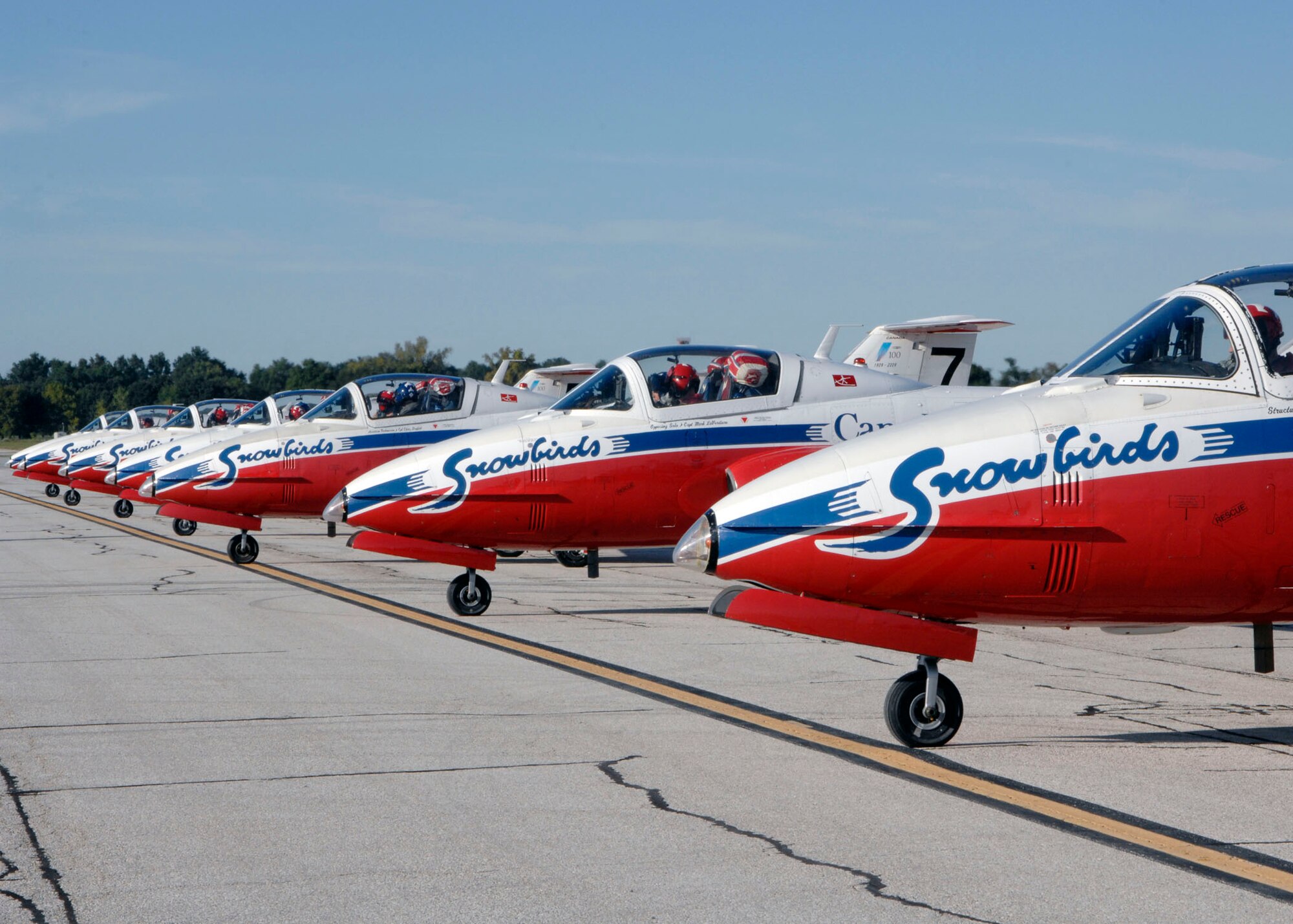 SCOTT AIR FORCE BASE, Ill. -- The Canadian air forces Snowbirds arrived yesterday to get rested before the airshow tomorrow and Sunday. They will perform a special airshow for disabled people within the area this afternoon. (U.S. Air Force photo/Airman 1st Class Tristin English)