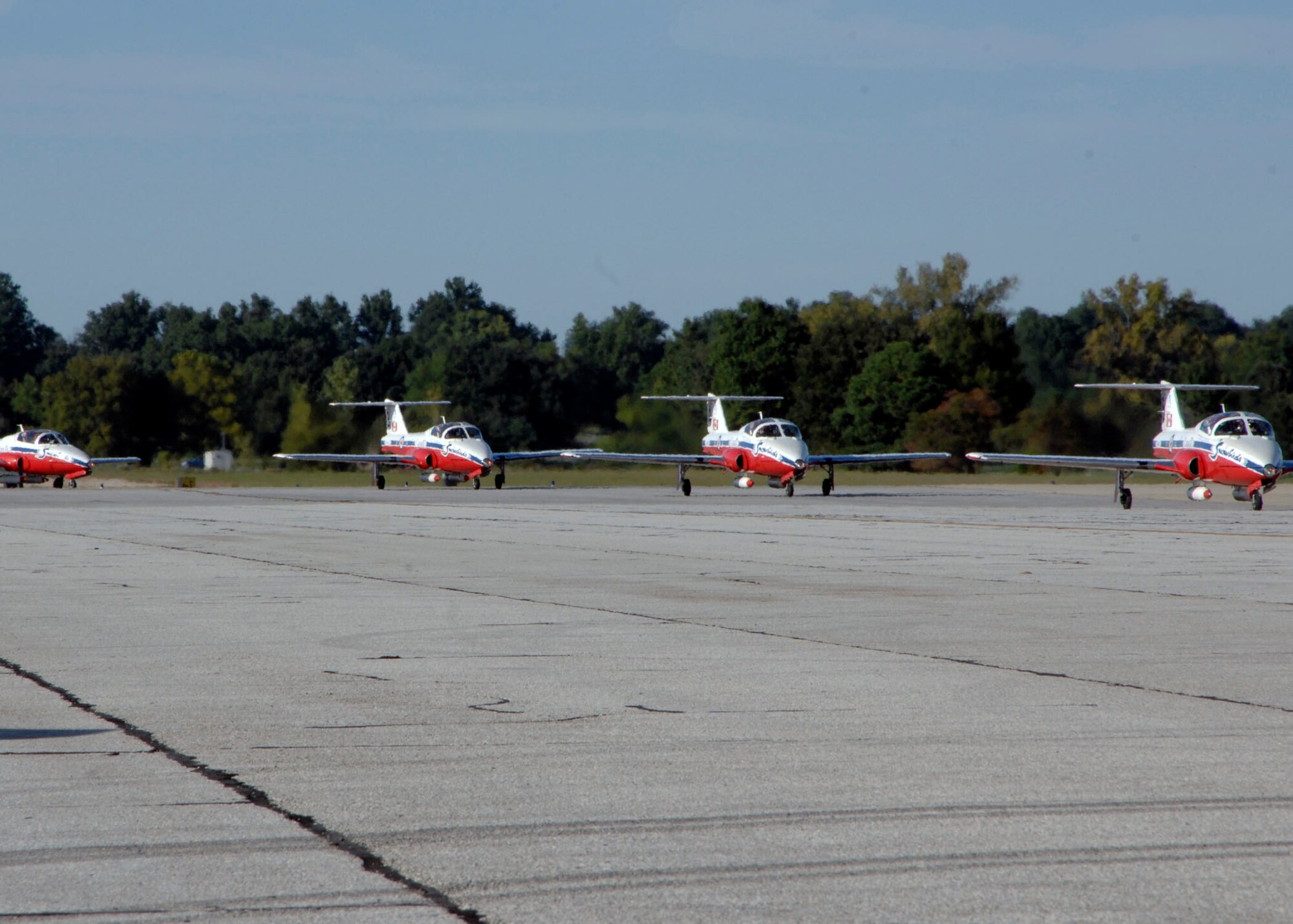 SCOTT AIR FORCE BASE, Ill. -- The Canadian air forces Snowbirds parked their planes so their maintainers could perform all the necessary inspections to ensure a safe airshow tomorrow and Sunday at Scott from 9 a.m. to 5 p.m. The Airpower Over the Midwest Airshow is free and open to everybody. (U.S. Air Force photo/Airman 1st Class Tristin English)