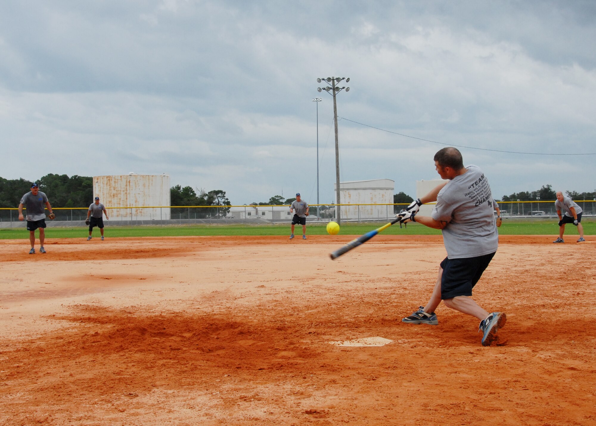 Tech Sgt. Cody Hynes takes a swing during an Air Force Softball Team practice session Sept. 16 at Eglin Air Force Base.  Eglin is the site for tryouts and practices leading up to the All Services Tournament held in Pensacola, Fla., beginning Sept. 20.  Fifteen Air Force members from 11 different bases made the team this year.  Four ‘rookies’ made the team this year along with 11 team veterans.  (U.S. Air Force photo/Samuel King Jr.)