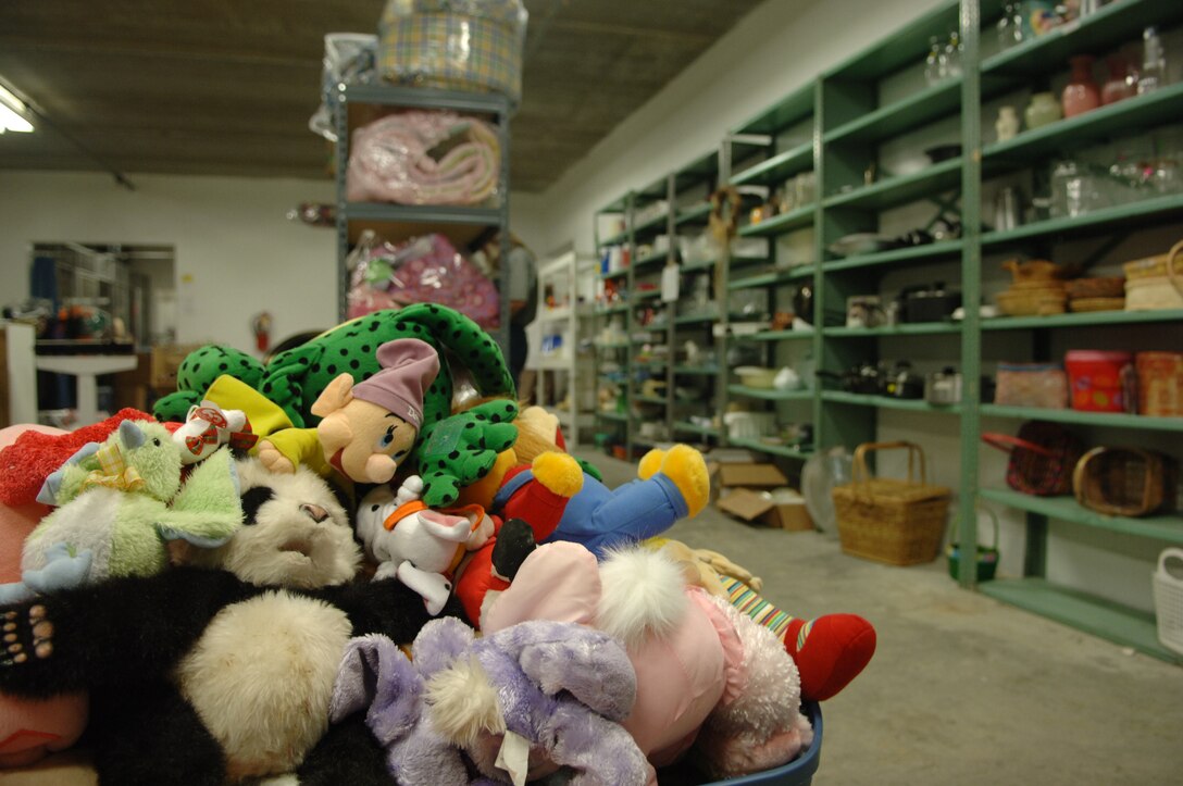 Stuffed animals waiting for a good home are part of the assortment of items for sale at the B-One Yard thrift and consignment shop here, Sept. 9. Base personnel can choose to either donate or sell their household items to the shop. (U.S. Air Force photo/Airman 1st Class Jarad Denton)