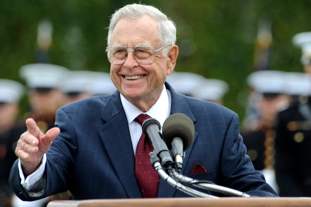 Retired Rear Adm. Jeremiah A. Denton Jr. addresses the audience during the National POW/MIA Recognition Day ceremony at the Pentagon, Sept. 18, 2009. Denton spent seven years and seven months as a prisoner of war when he was shot down and captured by North Vietnamese troops in 1965.