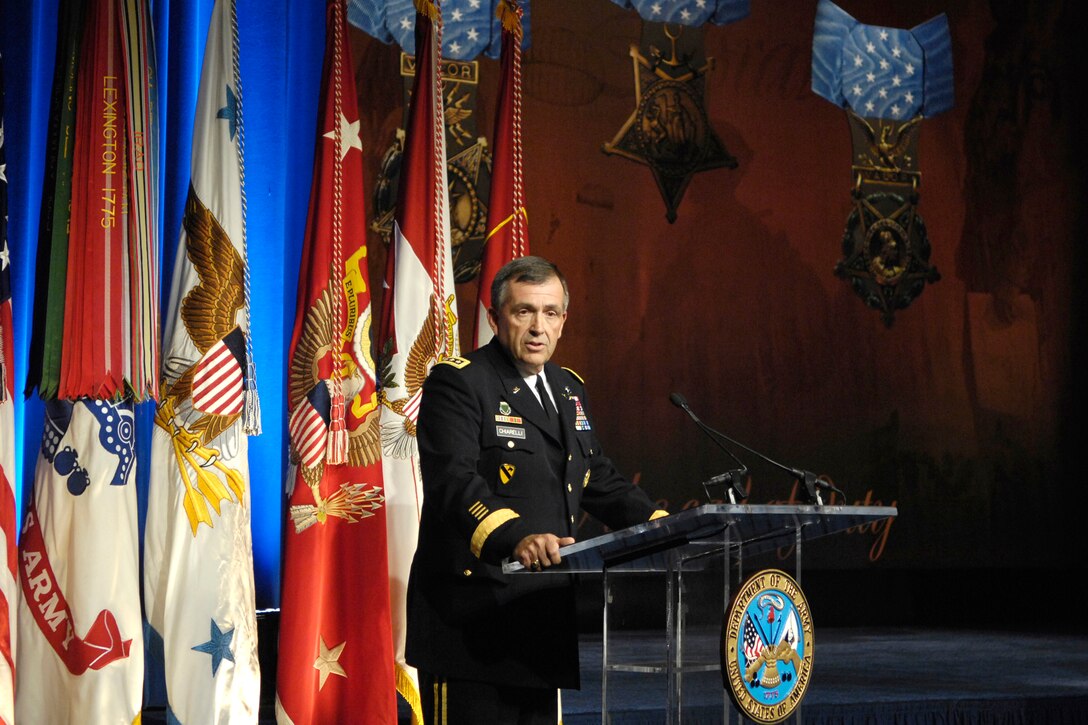 Vice Chief of Staff of the Army Gen. Peter W. Chiarelli gives the opening remarks at a Medal of Honor ceremony inducting the late Army Sgt. 1st Class Jared C. Monti  into the Hall of Heroes at the Pentagon, Sept. 18, 2009. 