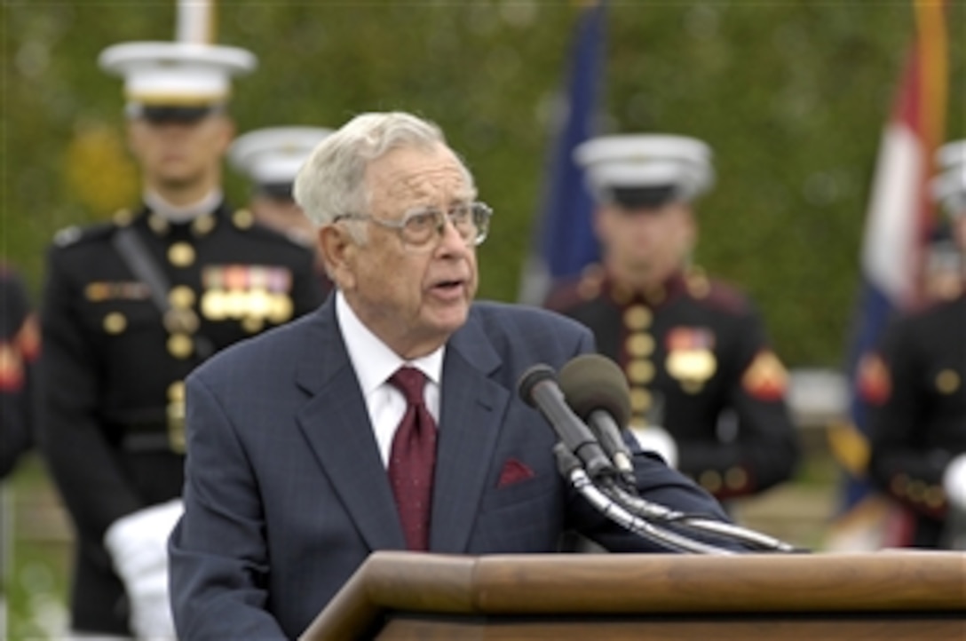 Former senator and retired rear admiral Jeremiah A. Denton, guest speaker at the Pentagon's annual observance of National POW/MIA Recognition Day, addresses the audience on Sept. 18, 2009.  His speech was filled with heart-felt recollections of his own nearly 8 years of captivity in a North Vietnam prison camp.  