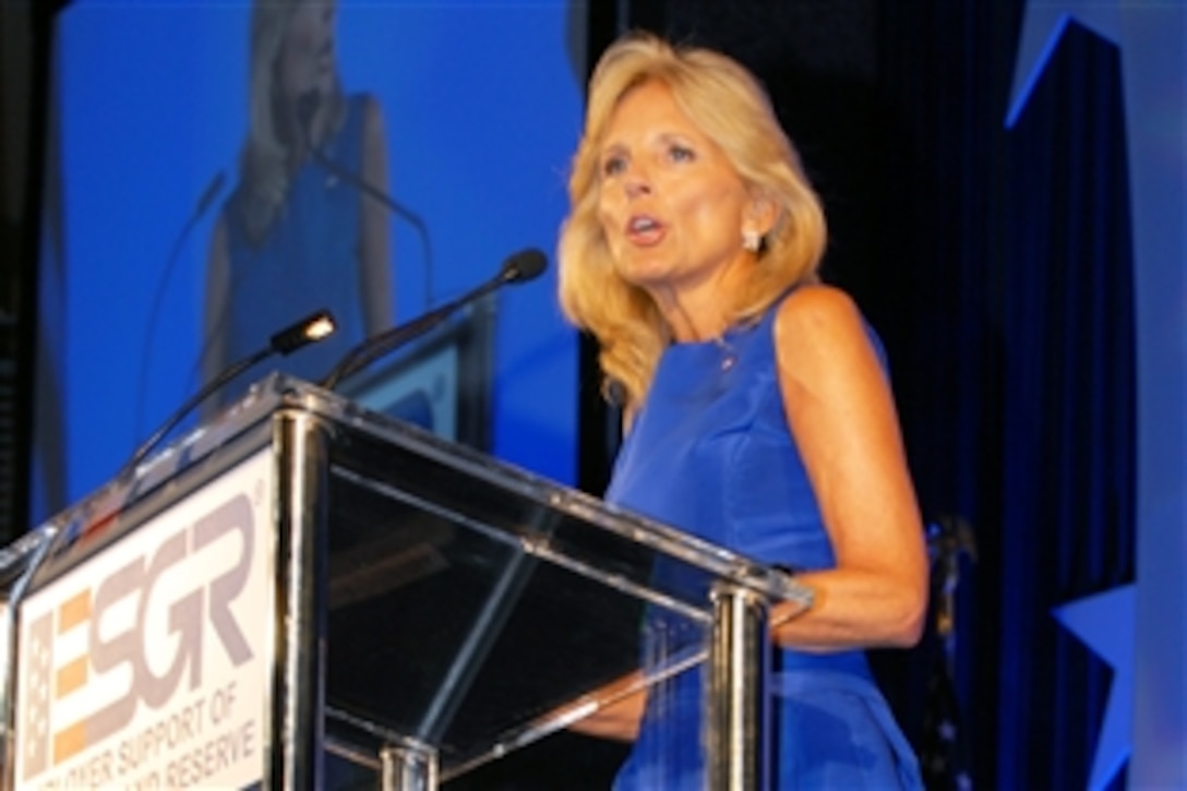 Jill Biden, wife of Vice President Joe Biden, addresses a crowd gathered for the Employer Support of the Guard and Reserve’s annual award ceremony in Washington, D.C., on Sept. 17, 2009. Fifteen employers received the Secretary of Defense Employer Support Freedom Award for going above and beyond what the law requires in support of their military employees. 