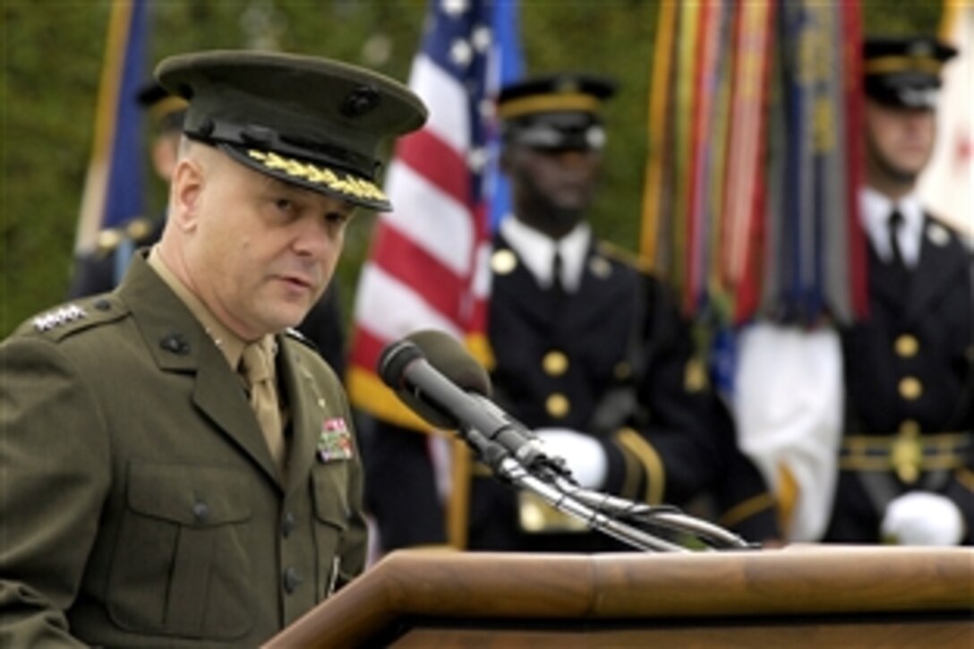 Marine Gen. James E. Cartwright, vice chairman of the Joint Chiefs of Staff, delivers remarks at the Defense Department's annual observance of National POW/MIA Day at the Pentagon, Sept. 18, 2009.