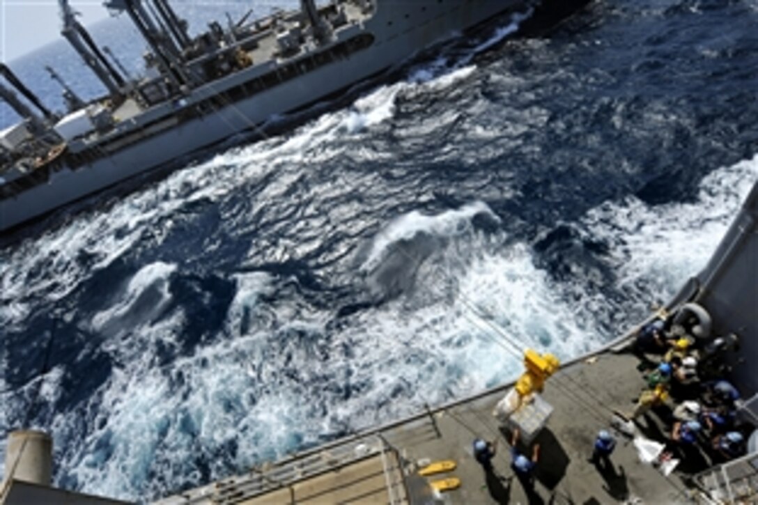 The Military Sealift Command fleet replenishment oiler USNS Tippecanoe, left, pulls alongside the amphibious dock landing ship USS Fort McHenry during a connected replenishment at sea in the Persian Gulf, Sept. 16, 2009.The Fort McHenry is deployed with the Bataan Amphibious Ready Group supporting maritime security operations in the U.S. 5th Fleet area of responsibility.