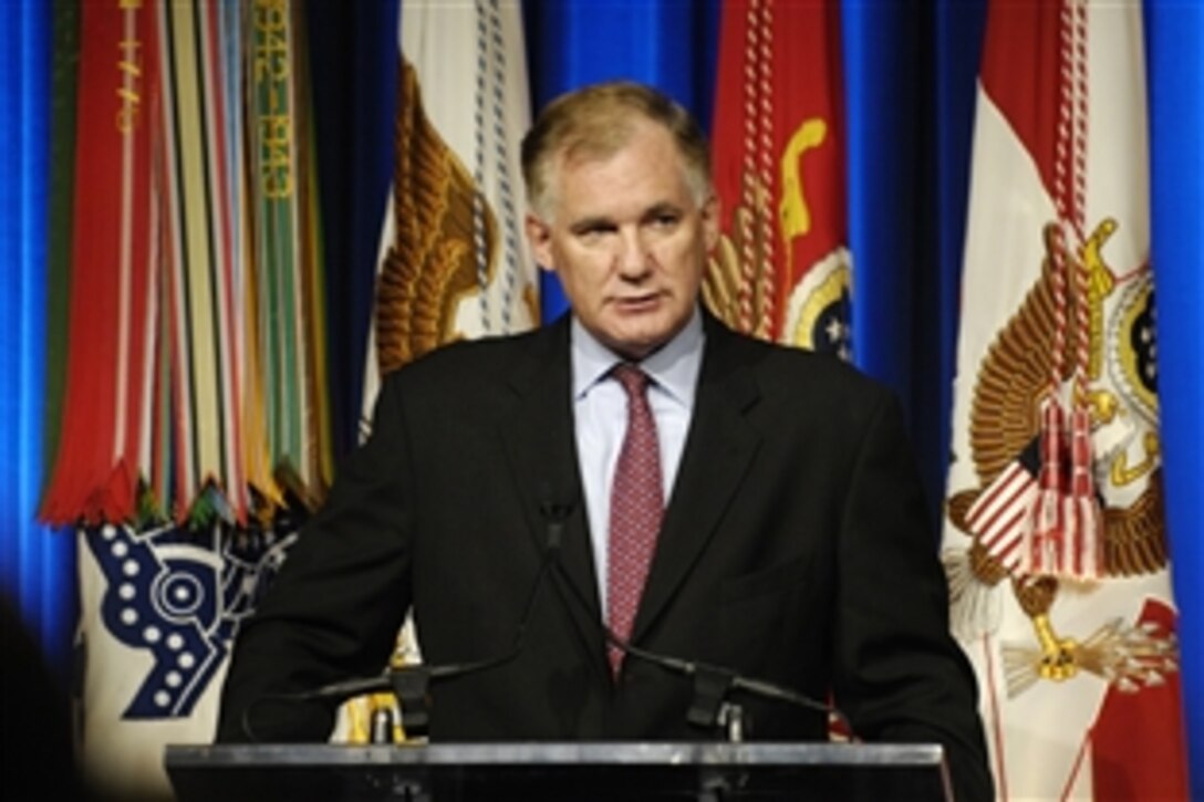 Deputy Defense Secretary William J. Lynn gives remarks at a Medal of Honor ceremony where U.S. Army Sgt. 1st Class Jared C. Monti was inducted into the Hall of Heroes at the Pentagon, Sept. 18, 2009.  Monti's parents, Paul and Janet, accepted the award on their son's behalf. 