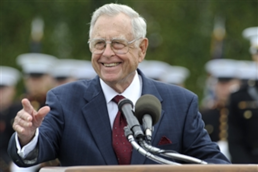 Retired rear admiral Jeremiah A. Denton Jr. addresses the audience during the National POW/MIA Recognition Day Ceremony at the Pentagon on Sept. 18, 2009.  Denton spent 7 years and 7 months as a prisoner of war when he was shot down and captured by North Vietnamese troops in 1965.  