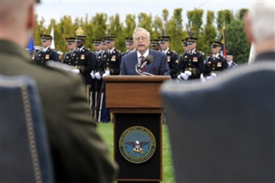 Retired rear admiral Jeremiah A. Denton Jr. addresses the audience during the National POW/MIA Recognition Day Ceremony at the Pentagon on Sept. 18, 2009.  Denton spent 7 years and 7 months as a prisoner of war when he was shot down and captured by North Vietnamese troops in 1965.  
