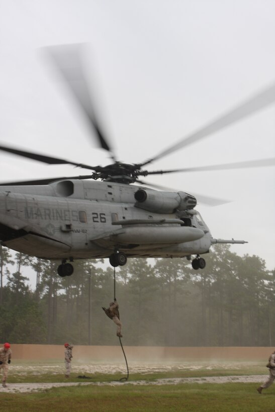 Marines with Battalion Landing Team 1st Battalion, 9th Marine Regiment, 24th Marine Expeditionary Unit, fast rope into a training site designed to replicate a scenario in which a pilot and downed aircraft must be recovered. (Official Marine Corps photo Cpl. Alex Geurra)