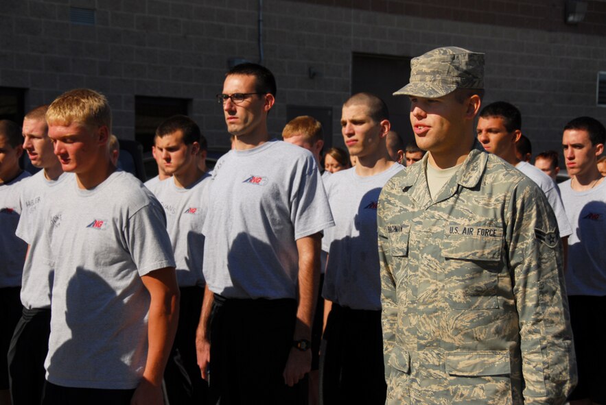 Airman First Class Jacob Bachman, marches along with the new recruits of the 193rd Special Operations Wing, Right Start program. The Right Start program prepares the future Airmen for basic training. Bachman was a Right Start recruit before he went to basic training and is now back to help the new soon-to-be Airmen with the knowledge he gained from basic training. 