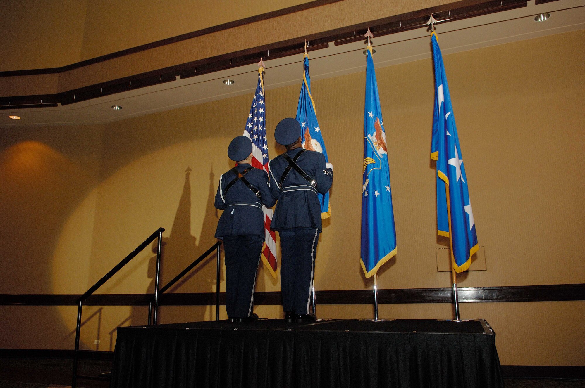 HONOLULU, Hawaii -- The Hickam Honor Guard posts the colors at the start of the Air  Force Ball at the Sheraton Hotel, Waikiki, Sept. 18. Sixty-two years ago, on Sept. 18, 1947, the Air Force was established as an independent service. Over the last six decades our legacy has been one of adaption, innovation and technological change on a constant quest to reach beyond our limits. On this day, it is appropriate to not only reflect upon this heritage, but to also look ahead, said Secretary of the Air Force Michael Donley and Air Force Chief of Staff Gen. Norton Schwartz. (U.S. Air Force photo/Mark Bates