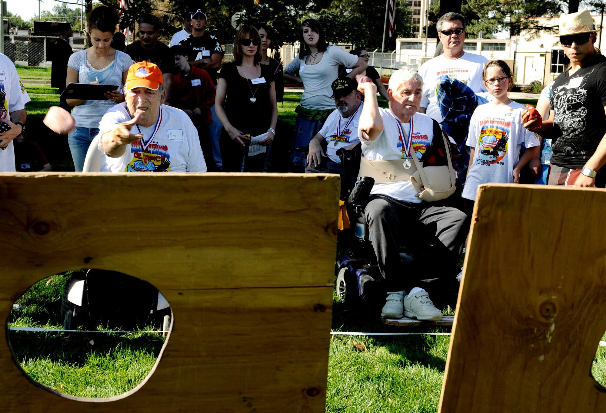 BOISE, Idaho -- Ron Cline, left, and Ron Dashiell, Veterans Olympics participants, compete in the hacky sacks toss during the 22nd Annual Veterans Olympics Sept. 19 at the Veterans Home in Boise, Idaho. Hosted by the Idaho State Veterans Home and the Veterans Administration Medical Center, the games were created to allow veterans of varying ages and physical abilities to compete in modified sporting events similar to those featured in the Olympic Games. The base has provided hundreds of volunteers for more than 20 years to run the events and acts as escorts. (U.S. Air Force photo by Senior Airman Samantha S. Crane)