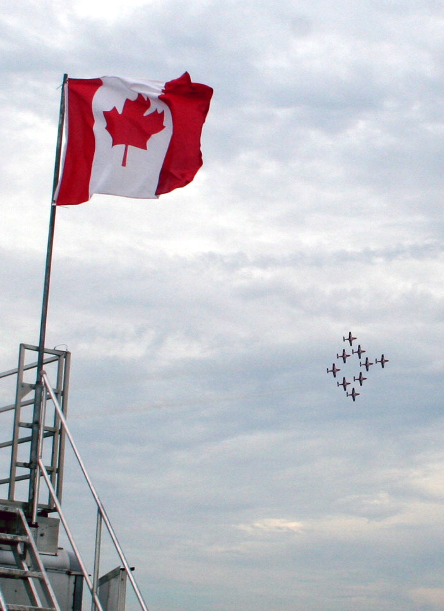 Nine CT-114 Tutor planes from the Canadian Forces Snowbirds aerial demonstration team hold a demonstration event during the 2009 Scott Air Force Base Airshow on Sept. 19, 2009, at Scott AFB, Ill.  The airshow drew tens of thousands of people and featured a wide variety of aircraft on static display and in aerial performances.  (U.S. Air Force Photo/Tech. Sgt. Scott T. Sturkol)