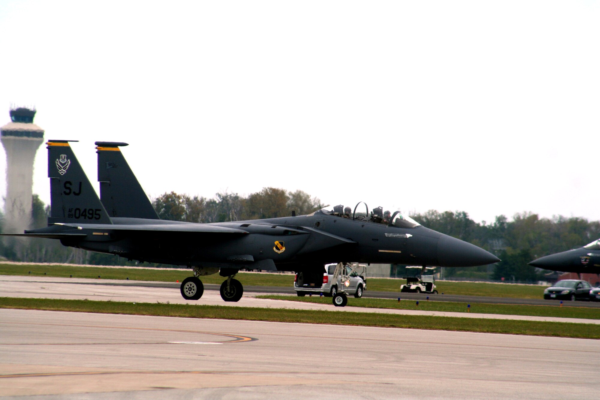 An F-15 Eagle taxis to a parking area after completing an aerial demonstration during the 2009 Scott Air Force Base Airshow on Sept. 19, 2009, at Scott AFB, Ill.  The airshow drew tens of thousands of people and featured a wide variety of aircraft on static display and in aerial performances.  (U.S. Air Force Photo/Tech. Sgt. Scott T. Sturkol)