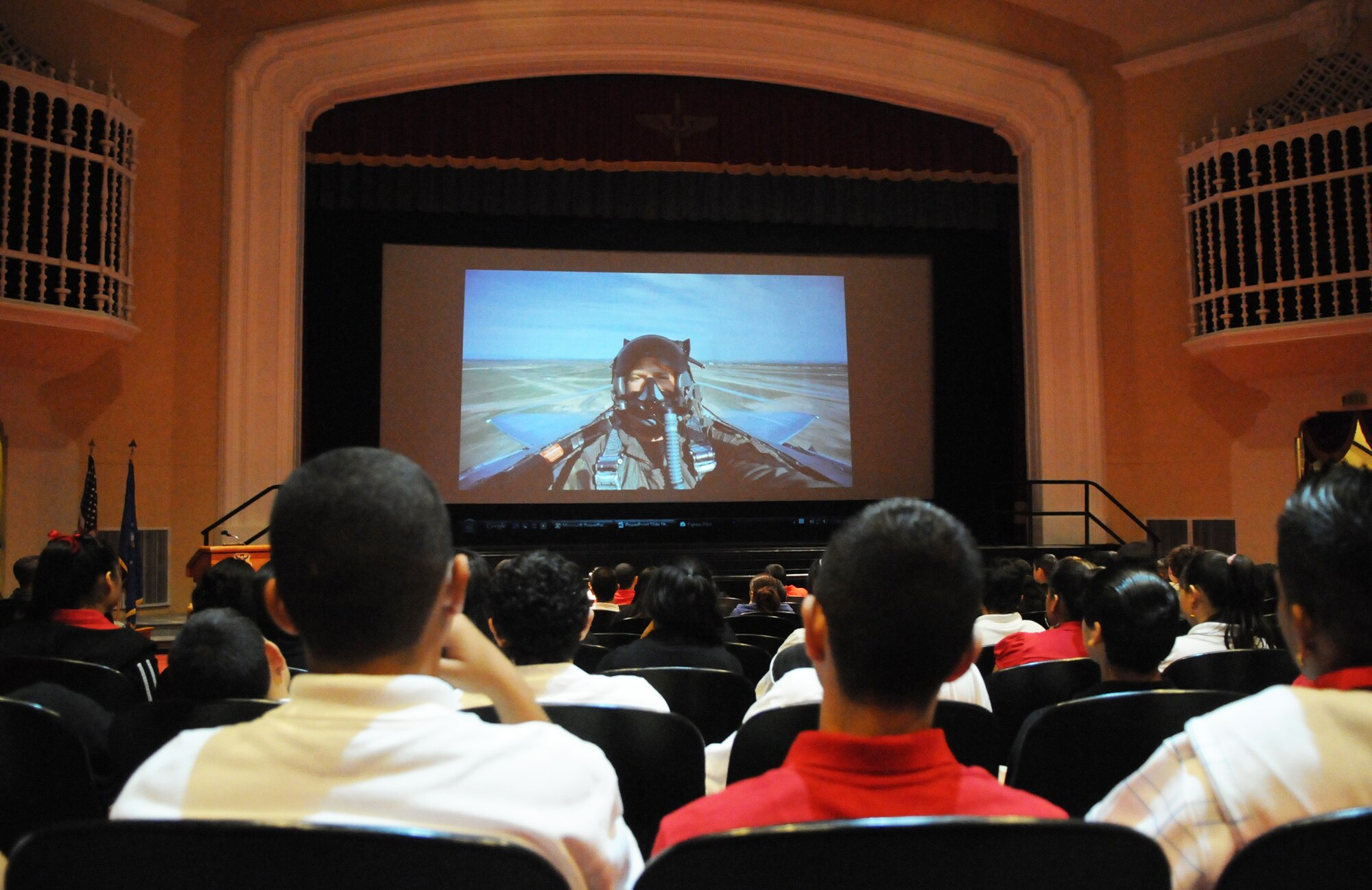 Fox Technical High School students watch a documentary about Air Force fighter pilots and support crew during a visit Sept. 11, 2009, to Randolph Air Force Base, Texas. The San Antonio students visited the base as part of the Giving Americans Motivational Education for the Real World program, which showed what an Air Force career may look like. (U.S. Air Force photo/Rich McFadden)