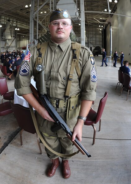 DYESS AIR FORCE BASE, Texas – Tech. Sgt. Wayne Morris, 7th Equipment Maintenance Squadron, wears a 1944 World War II uniform for the Air Force Hangar Dance here Sept. 18. The dance was held to celebrate the 62nd birthday of the Air Force with more than 425 guests. Artifacts on display from ranged from World War II era to present day, with 7th Security Forces Squadron exhibiting the latest advanced war-fighting weapons. (U.S. Air Force photo by Senior Airman Jennifer Romig)