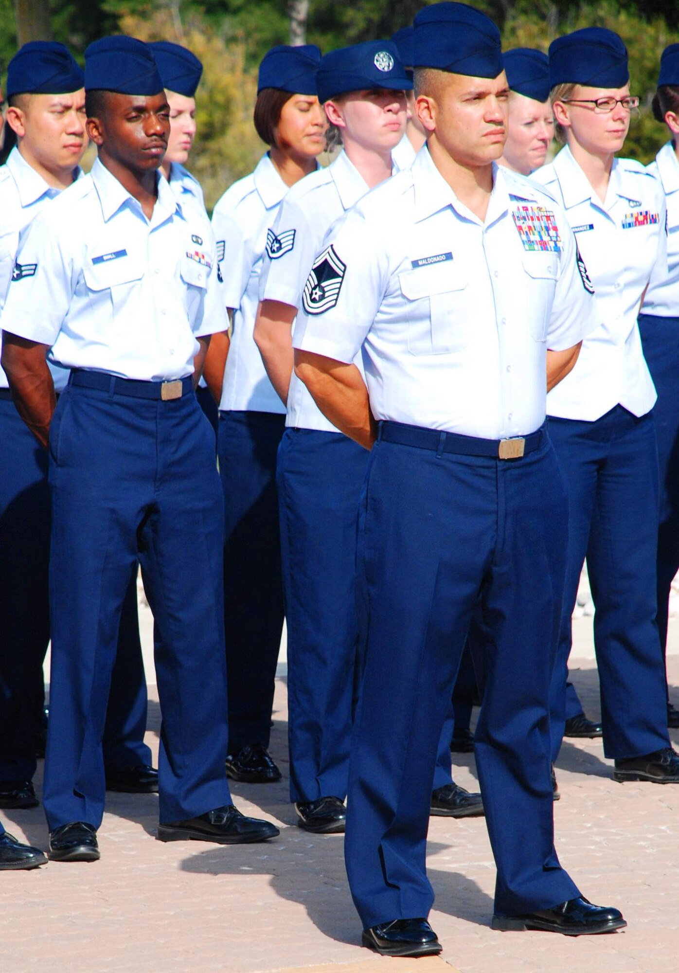 LAUGHLIN AIR FORCE BASE, Texas -- A formation of Airmen commanded by Senior Master Sgt. John Maldonado, 47th Installation Support Squadron, stands ready to participate in the POW/MIA Recognition ceremony here Sept. 18. The ceremony was held in observance of National POW/MIA Remembrance Day, which is held the third Friday in September as a way to remember former American prisoners of war and those still missing in action. (U.S. Air Force photo by Airman 1st Class Blake Mize)
