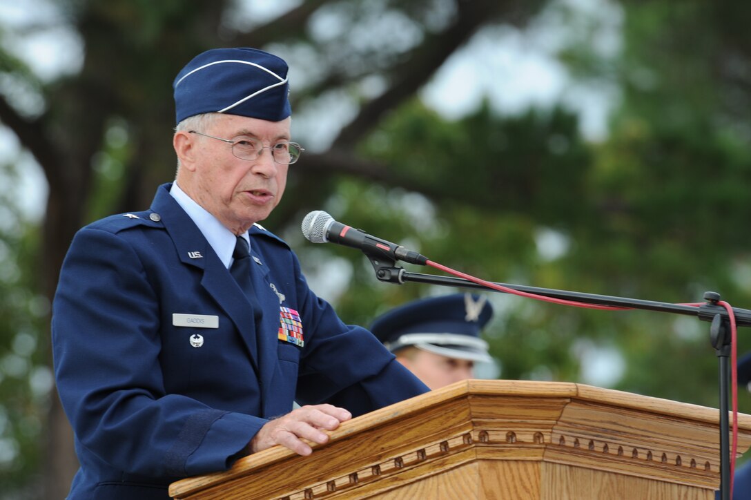SEYMOUR JOHNSON AIR FORCE BASE, N.C. – Retired Brig. Gen. Norman Gaddis shares with the crowd his experiences as a prisoner of war during the Prisoners of War/Missing in Action remembrance ceremony Sept. 18. National POW/MIA Recognition Day is one of six days specified by federal law that the POW/MIA flag will be flown over federal facilities, cemeteries, post offices and military installations. The flag is also flown on Armed Forces Day, Memorial Day, Independence Day, Veterans Day and Flag Day. (U.S. Air Force photo/Airman 1st Class Whitney Lambert)