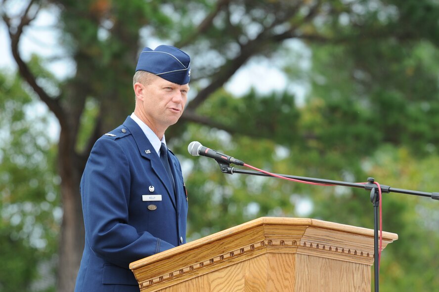 Col. Mark Kelly, 4th Fighter Wing commander, addresses the crowd during the Prisoners of War – Missing in Action remembrance ceremony at Seymour Johnson Air Force Base, N.C., Sept. 18, 2009. National POW/MIA recognition day is observed each year on the third Friday of September to honor the sacrifices made by POWs and those who are still MIA. (U.S. Air Force photo by Airman 1st Class Whitney Lambert)