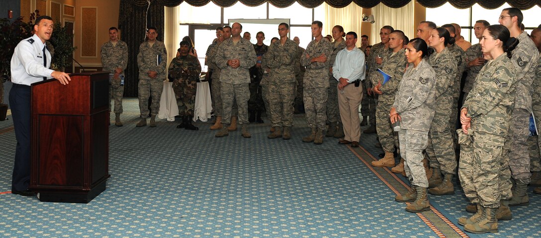 LANGLEY AIR FORCE BASE, Va. -- Col. Matthew H. Molloy, 1st Fighter Wing commander, speaks to Airmen on the Air Force's birthday here Sept. 18. The Bayside Enlisted Club held a celebration with music and food for the 62nd birthday.  (U.S. Air Force photo/Airman 1st Class Gul Crockett)