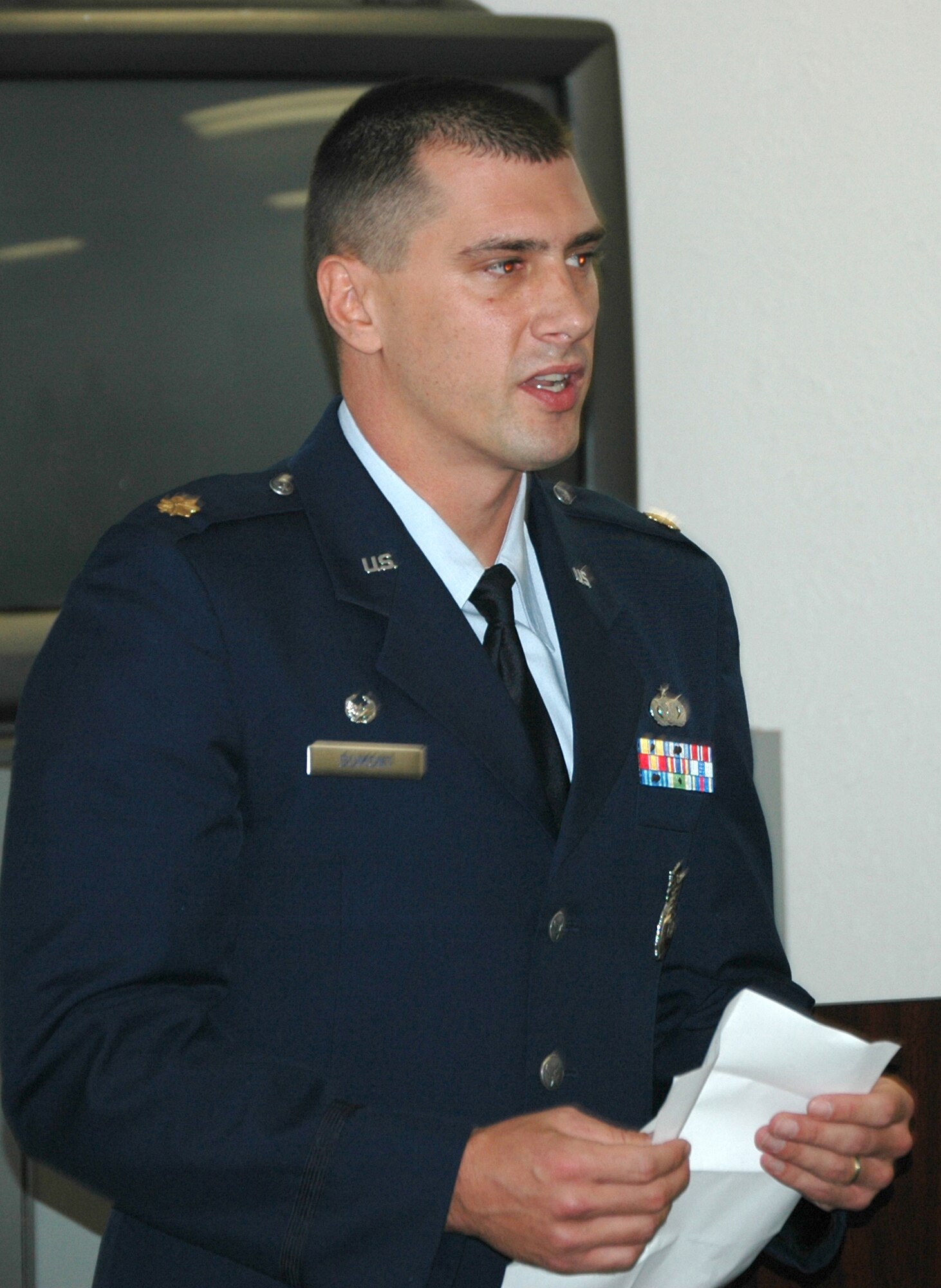 Maj. John J. Dumont assumed command of the 302nd Security Forces Squadron during a ceremony Sept. 19 at Peterson Air Force Base, Colo. Major Dumont now leads the 60-plus strong squadron. (U.S. Air Force photo/Tech. Sgt. Daniel Butterfield)
