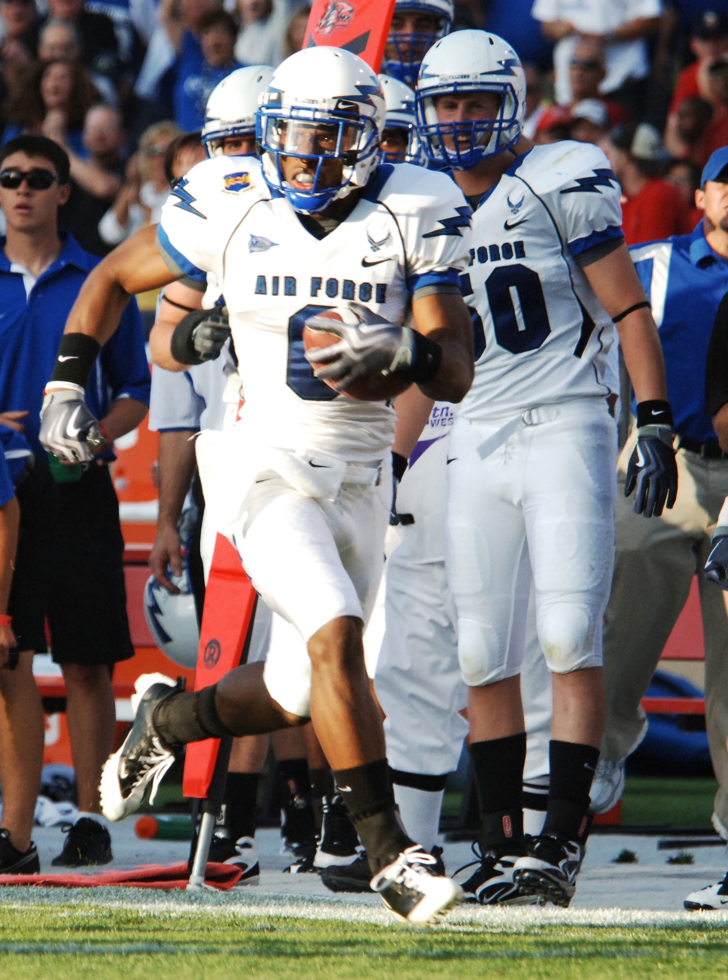 Falcons defensive back Jon Davis races down the sideline on his way to a 38-yard interception return for a touchdown in the Air Force-New Mexico game at University Stadium in Albuquerque, N.M., Sept. 19, 2009. Air Force intercepted B.R. Holbrook twice and Donovan Porterie once in its 37-13 victory. This was Air Force?s second defensive touchdown of the season: the first came on a 10-yard fumble recovery versus Nicholls State Sept. 5. (U.S. Air Force photo/John Van Winkle)