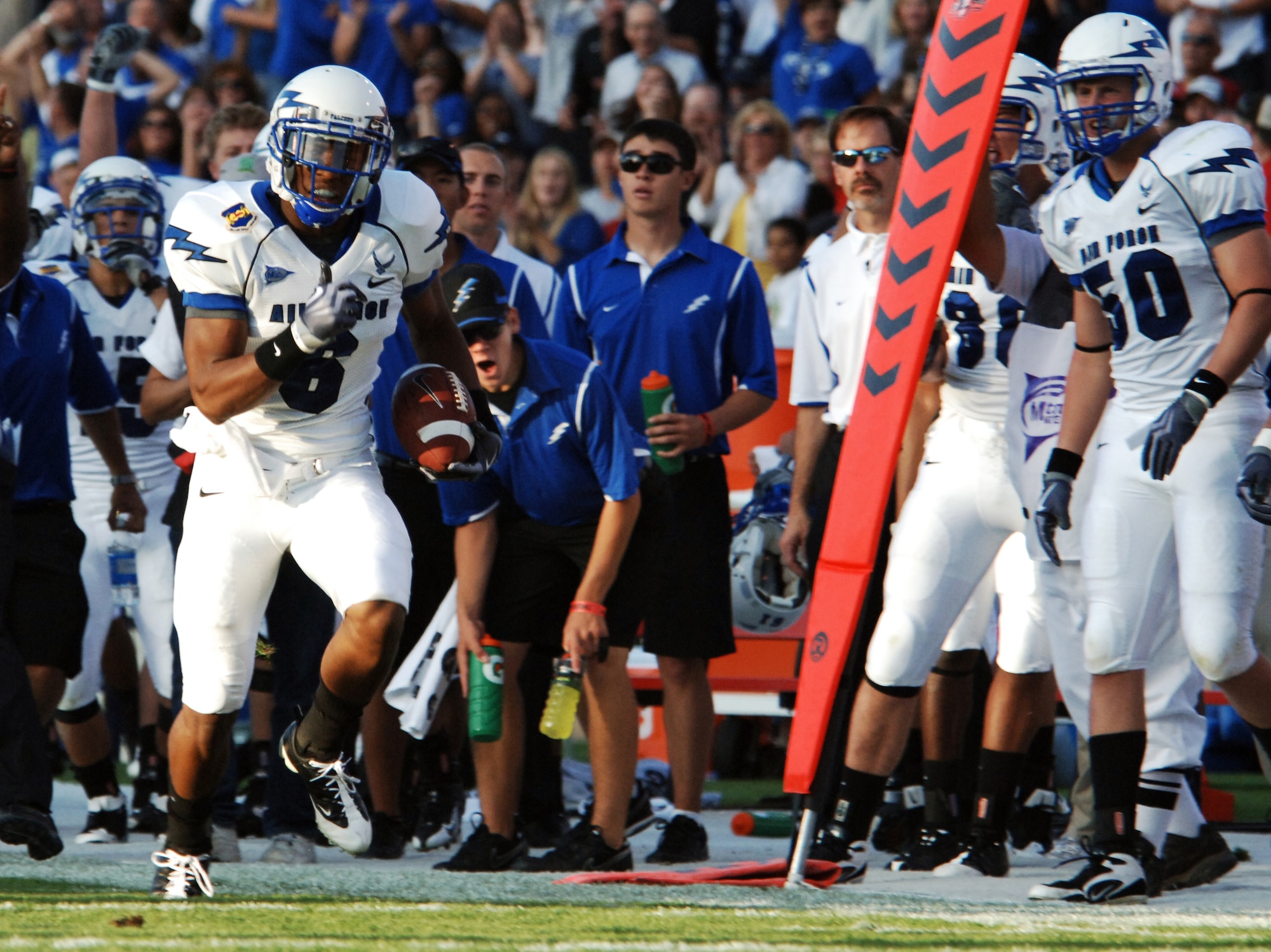 Falcons defensive back Jon Davis races down the sideline on his way to a 38-yard interception return for a touchdown in the Air Force-New Mexico game at University Stadium in Albuquerque, N.M., Sept. 19, 2009. Air Force intercepted B.R. Holbrook twice and Donovan Porterie once in its 37-13 victory. This was Air Force?s second defensive touchdown of the season: the first came on a 10-yard fumble recovery versus Nicholls State Sept. 5. (U.S. Air Force photo/John Van Winkle)