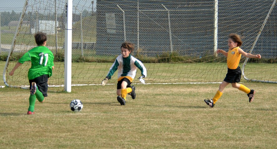 SPANGDAHLEM AIR BASE, Germany – Saber Josh Reitz, son of Master Sgt. Robert Reitz, 702nd Munitions Support Squadron, defends the goal during a 9- and 10-year-old youth soccer game here Sept. 19. The youth soccer league focuses on teaching fundamentals, positions and teamwork. The Gators defeated the Sabers 5-0 and now stand at 2-0 for the season. (U.S. Air Force photo/Airman 1st Class Staci Miller)