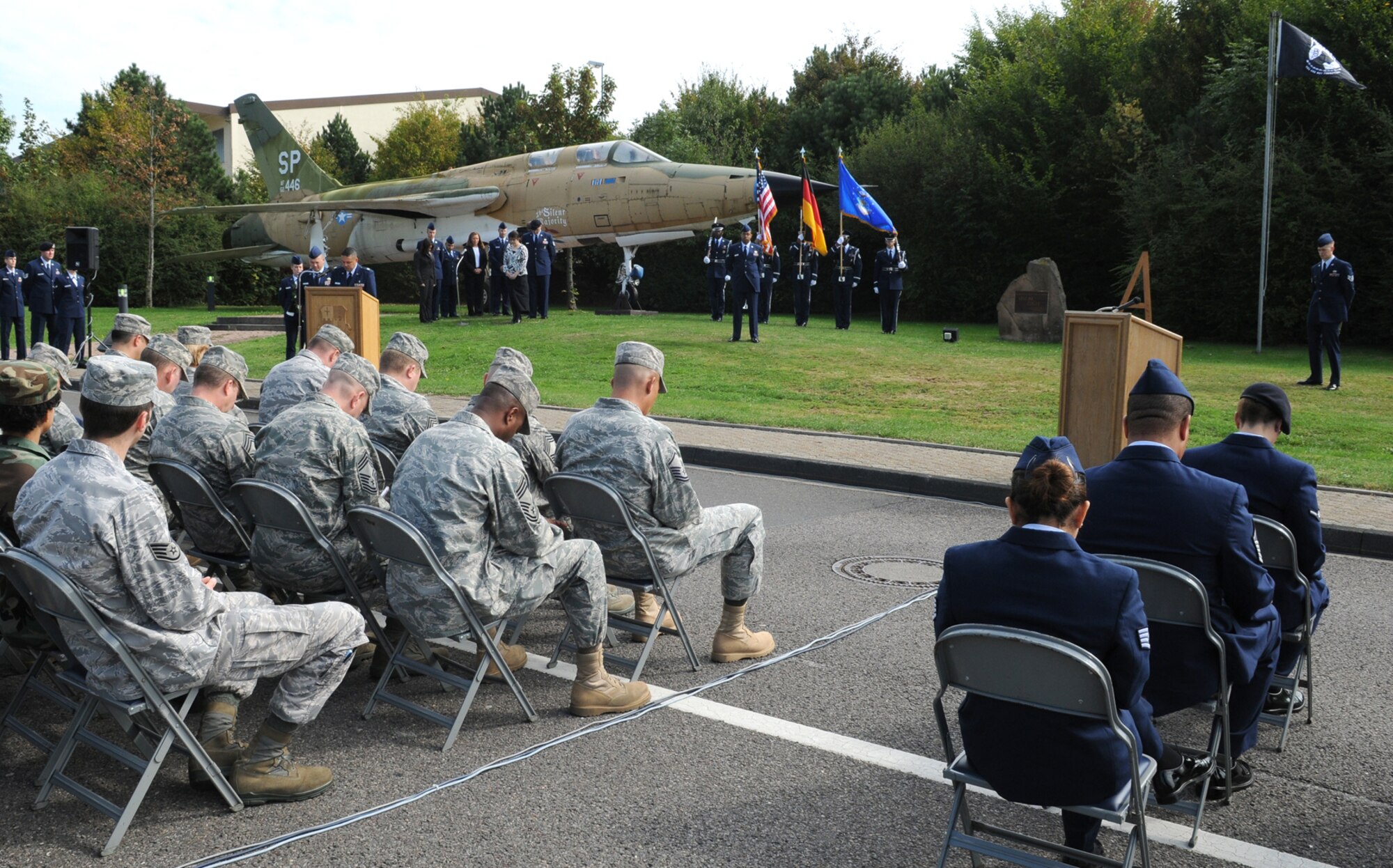 SPANGDAHLEM AIR BASE, Germany -- Chaplain (Capt.) Gabriel Rios, 52nd Fighter Wing, gives the invocation during the POW/MIA ceremony at the Air Park Sept. 18. About 200 members of the 52nd Fighter Wing came to the ceremony to honor and remember servicemembers listed as prisoners of war or missing in action. (U.S. Air Force photo/Airman 1st Class Nathanael Callon)