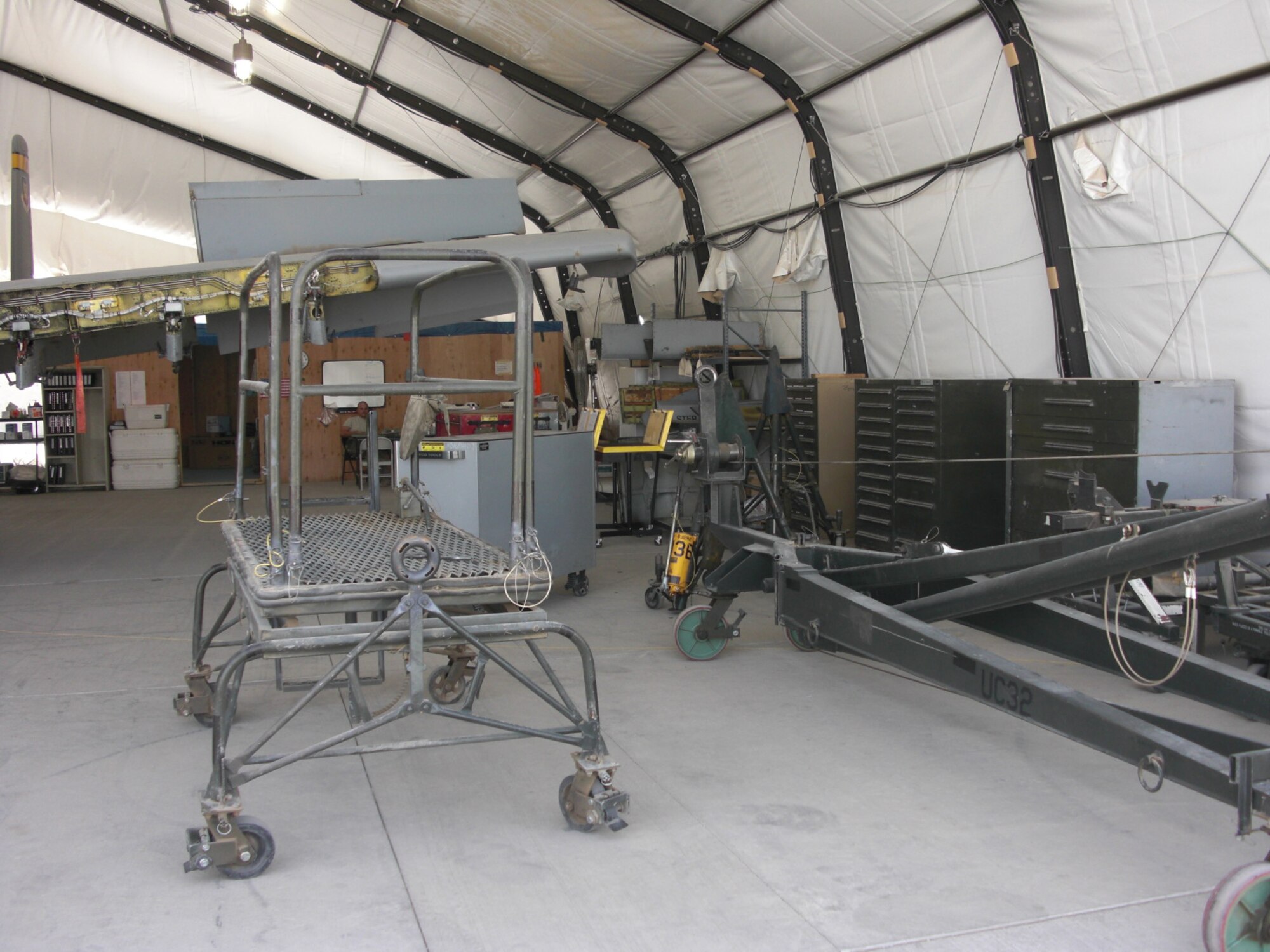 The inside of an A-10 Phase Inspection shelter before application of Air Force Smart Operations for the 21st Century at Kandahar Airfield, Afghanistan, Sept. 19, 2009.