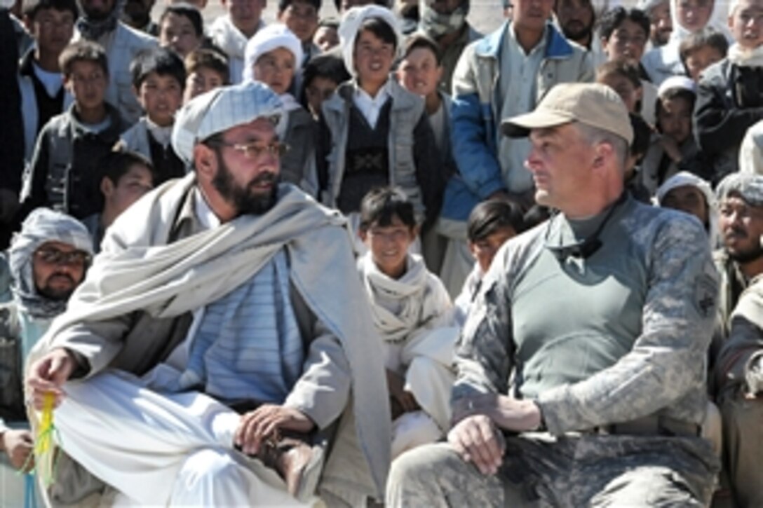 U.S. Air Force Lt. Col. Kenneth Primus sits with the sub-governor of Nawur district during a welcoming ceremony in Nawur, Afghanistan, Sept. 9, 2009. Members of the Provincial Reconstruction Team Ghazni were in Burjigay assessing a health clinic under construction in the village. Primus is the Provincial Reconstruction Team Ghazni deputy commanding officer.