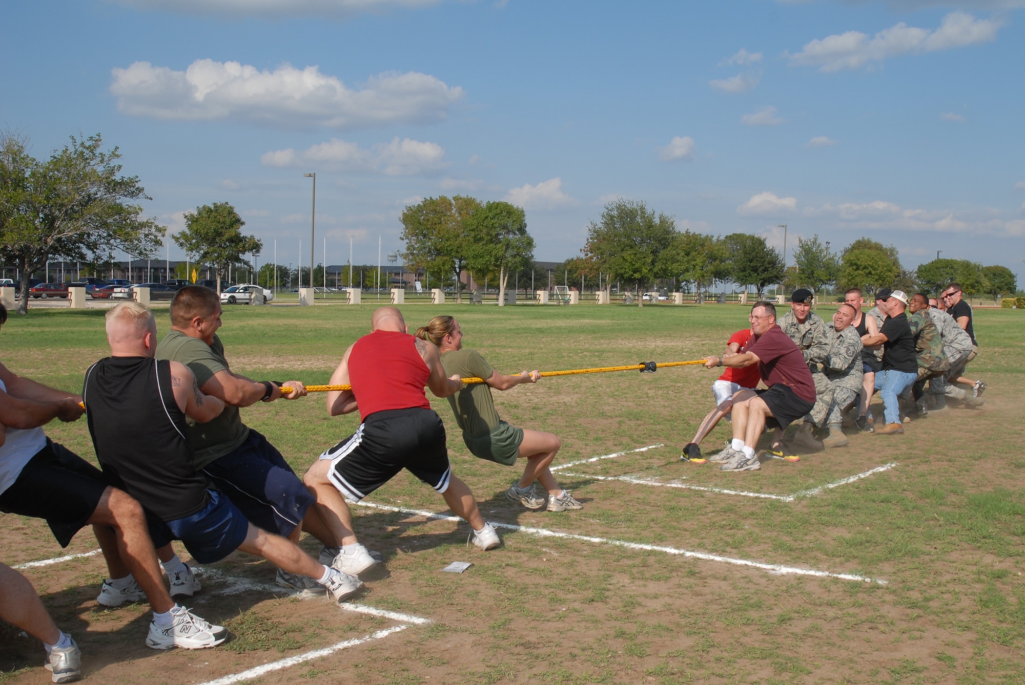 GOODFELLOW AIR FORCE BASE, Texas -- Marines from the Marine Corps Detachment compete against Airmen from the 17th Security Forces Squadron during the Squadron Annual Tug-of-War Contest, Sept. 16, 2009. (U.S. Air Force photo/Staff Sgt. Laura R. McFarlane)
