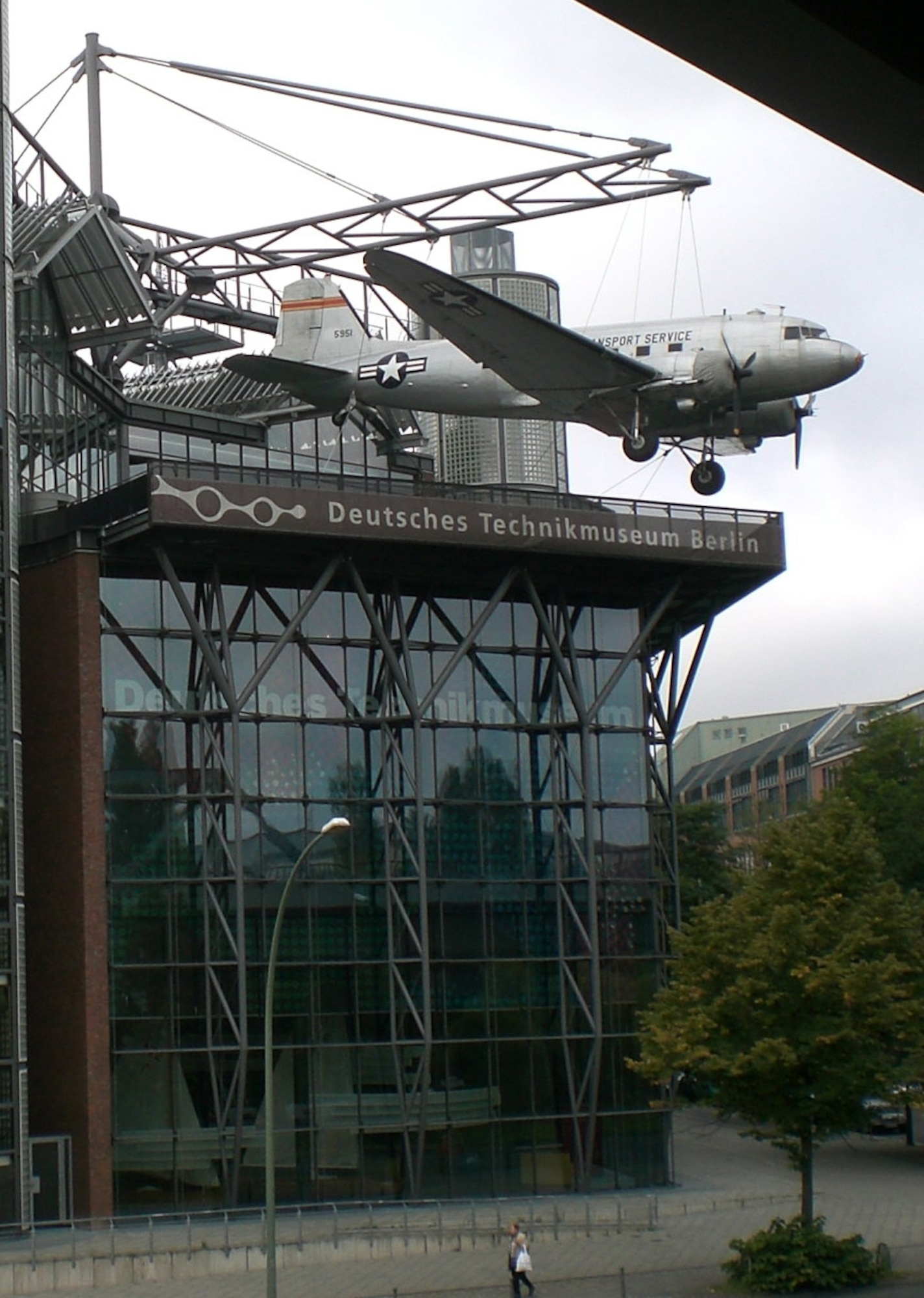 The C-47 "Raisinbomber" is suspended above the German Technical Museum in Berlin, Germany. (Courtesy photo by John Zukowsky)