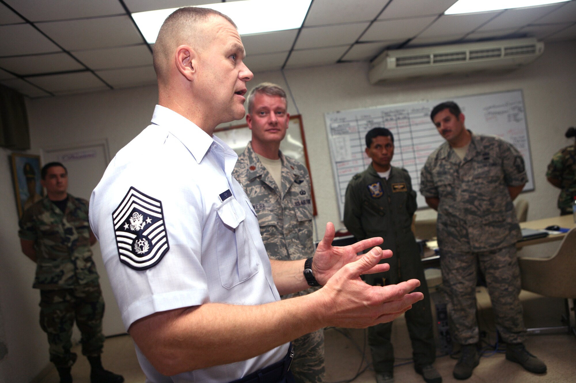 090919-N-4936C-152 Chief Master Sgt. of the Air Force James A. Roy speaks to Airmen of the 612th Air Expeditionary Communications Squadron and members of the Panamanian Air Service deployed to Capitan Juan Delgado Air Base in Panama City during Fuerzas Aliadas PANAMAX 2009. FA PANAMAX 2009 is a multinational exercise with 20 participating countries tailored to the defense of the Panama Canal, involving over 4,500 personnel from the U. S. Southern Command area of focus. U.S. Navy photo by Mass Communication Specialist 1st Class David P. Coleman (Released)
