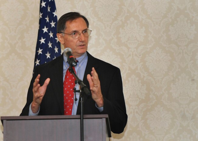 Ret. Lt. Col Thomas Hanton speaks at the prisoner of war, missing in action luncheon at the Charleston Club here Sept. 18. The base held a series of events honoring POWs and those listed as missing in action. Colonel Hanton is a former POW. (U.S. Air Force photo/Senior Airman Katie Gieratz)
