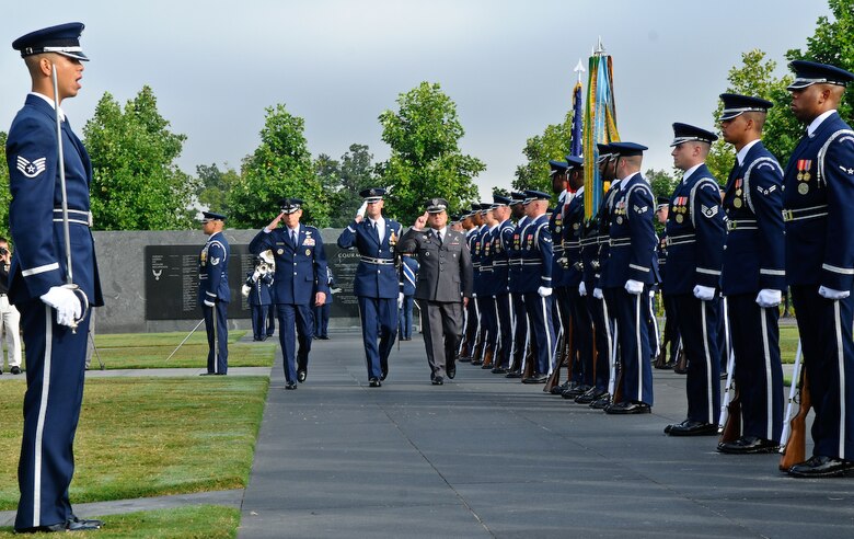 Gen. Norton A. Schwartz, Air Force chief of staff, and Lt. Gen. Andrzej Blasik, Polish air force commander, inspect the Air Force Honor Guard during an arrival ceremony in General Blasik's honor at the U.S. Air Force Memorial Sept. 22. In a brief ceremony, General Schwartz presented the Legion of Merit to General Blasik. This is the first United States decoration created specifically to award citizens of other nations.  The decoration was established in 1940 by an Act of Congress. (U.S. Air Force photo by Senior Airman Alexandre Montes)